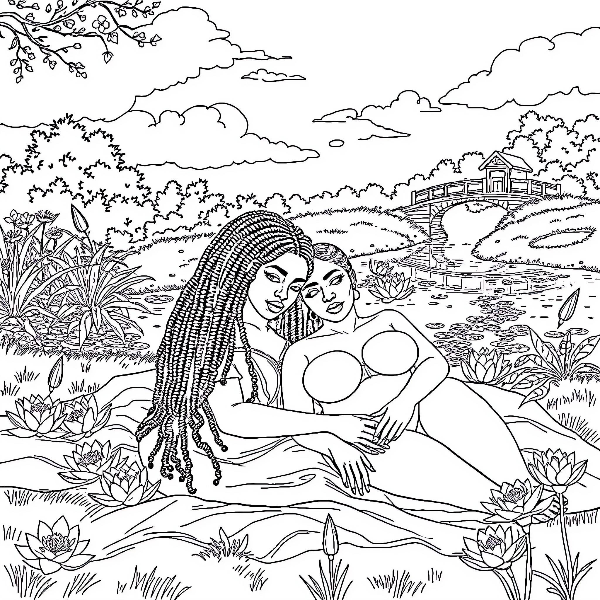 Women enjoying outdoor scenery in garden setting Coloring Page (free black-and-white line drawing printable PDF for all, from beginners to advanced learners, including children, teens, adults, and seniors)
