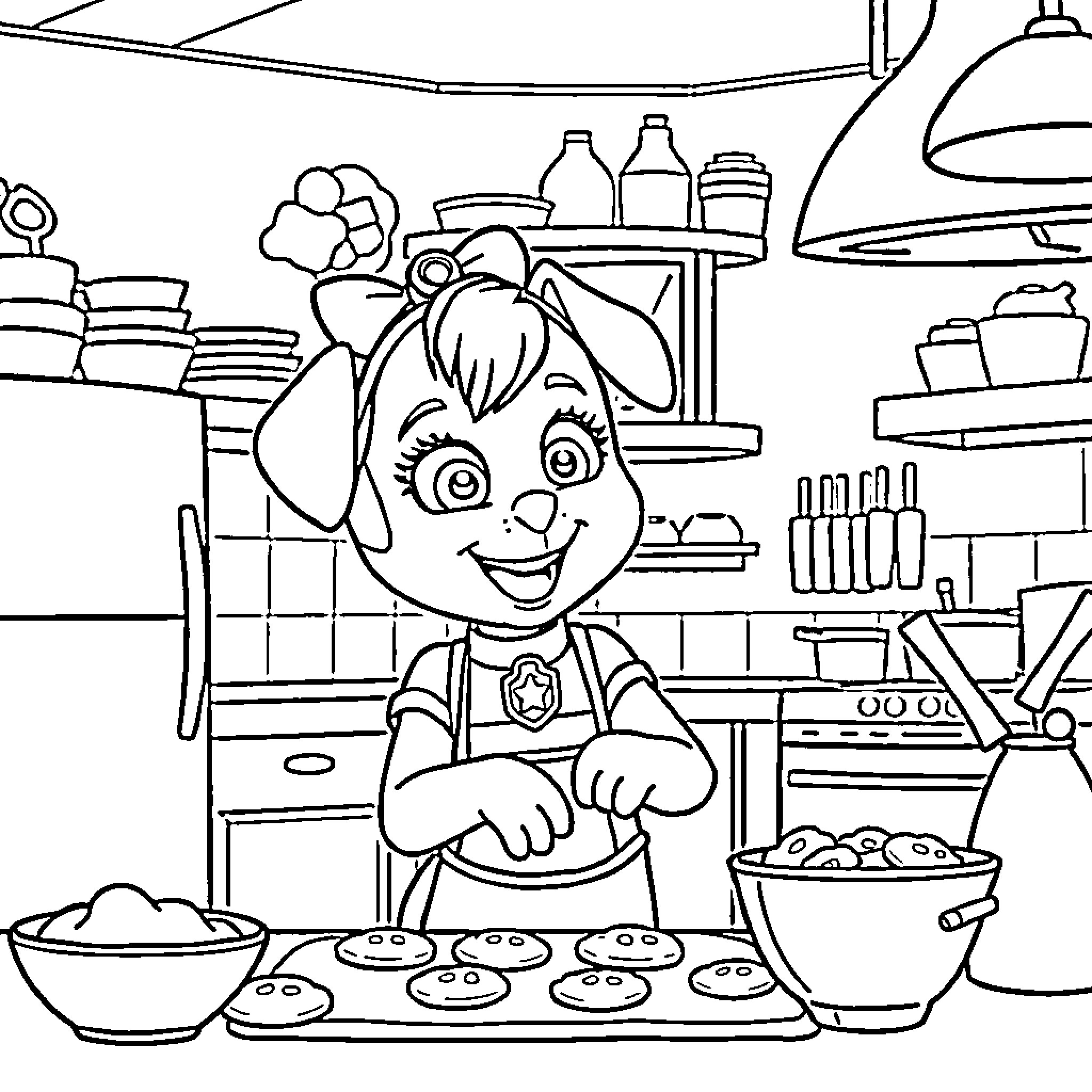 Liberty baking cookies happily in the kitchen Coloring Page (free black-and-white line drawing printable PDF for all, from beginners to advanced learners, including children, teens, adults, and seniors)