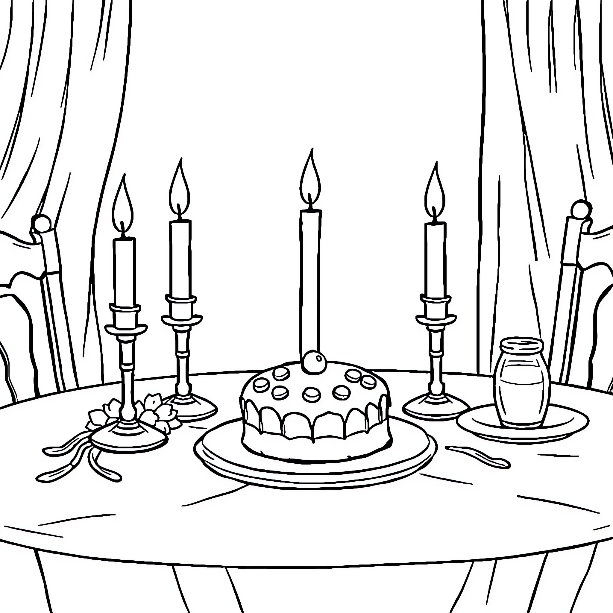 Shabbat celebration with candles and cake Coloring Page (free black-and-white line drawing printable PDF for all, from beginners to advanced learners, including children, teens, adults, and seniors)