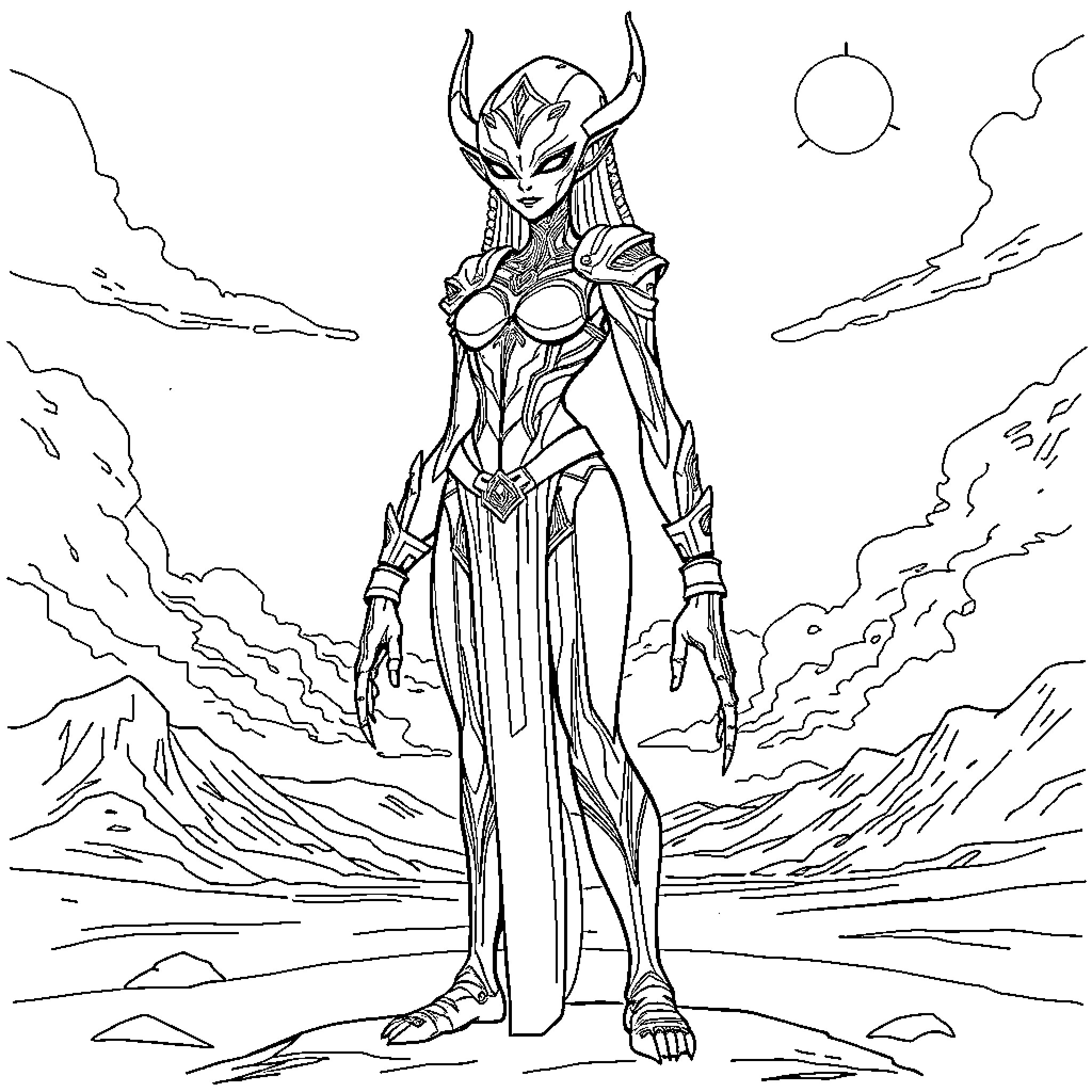 Alien warrior goddess in majestic pose Coloring Page (free black-and-white line drawing printable PDF for all, from beginners to advanced learners, including children, teens, adults, and seniors)