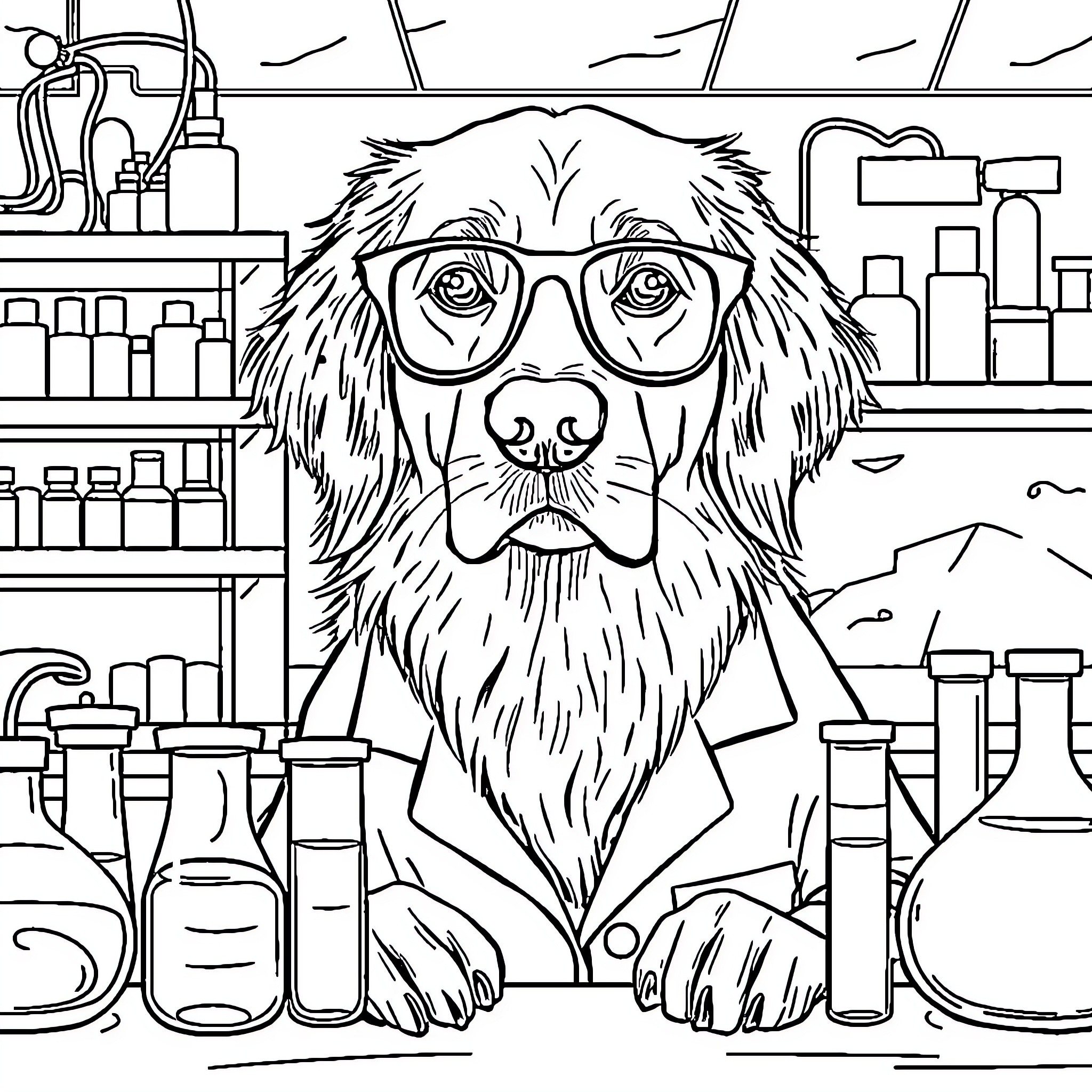 Golden Retriever in Scientist's Lab Coat and Glasses Coloring Page (free black-and-white line drawing printable PDF for all, from beginners to advanced learners, including children, teens, adults, and seniors)