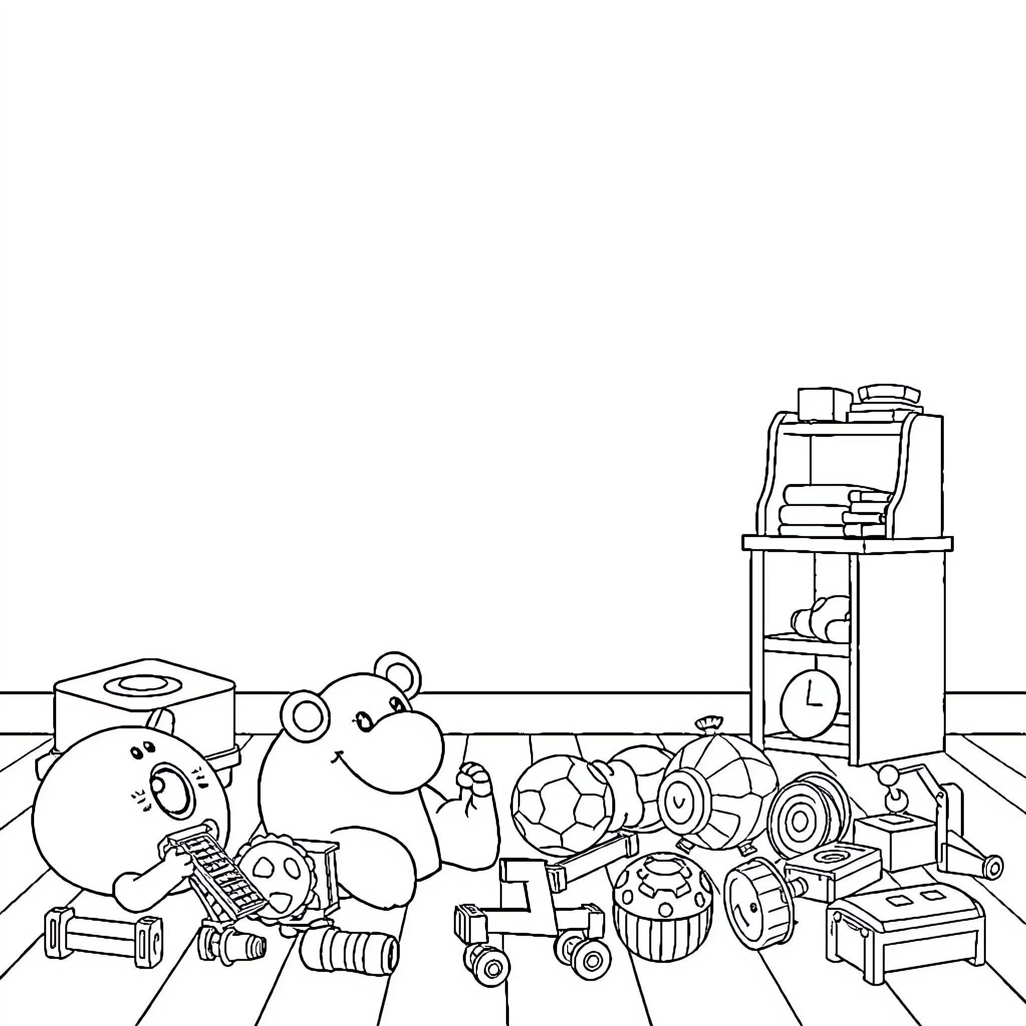 Kid's Playroom with Assorted Toys and Gadgets Coloring Page (free black-and-white line drawing printable PDF for all, from beginners to advanced learners, including children, teens, adults, and seniors)