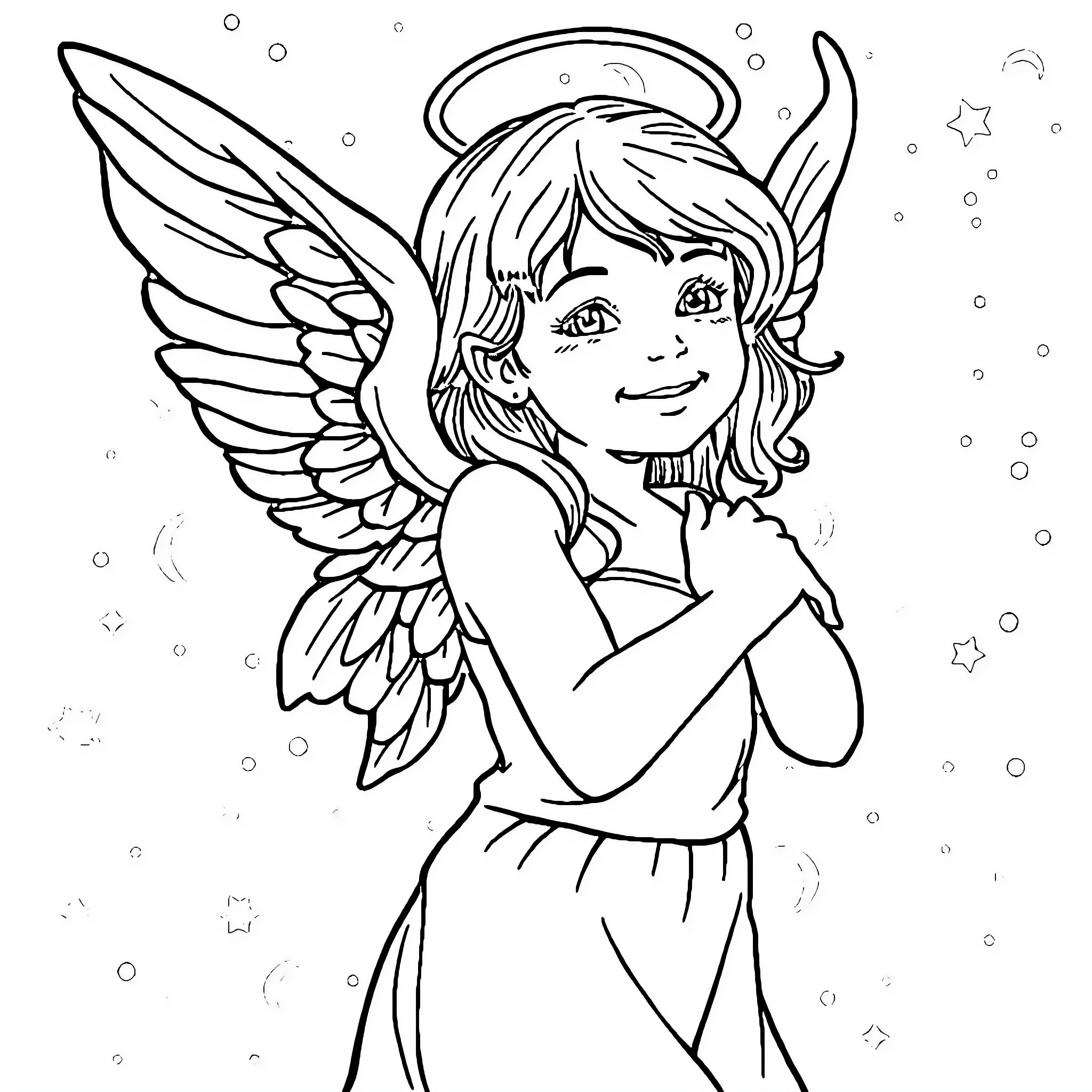 Angel with wings and halo smiling joyfully Coloring Page (free black-and-white line drawing printable PDF for all, from beginners to advanced learners, including children, teens, adults, and seniors)