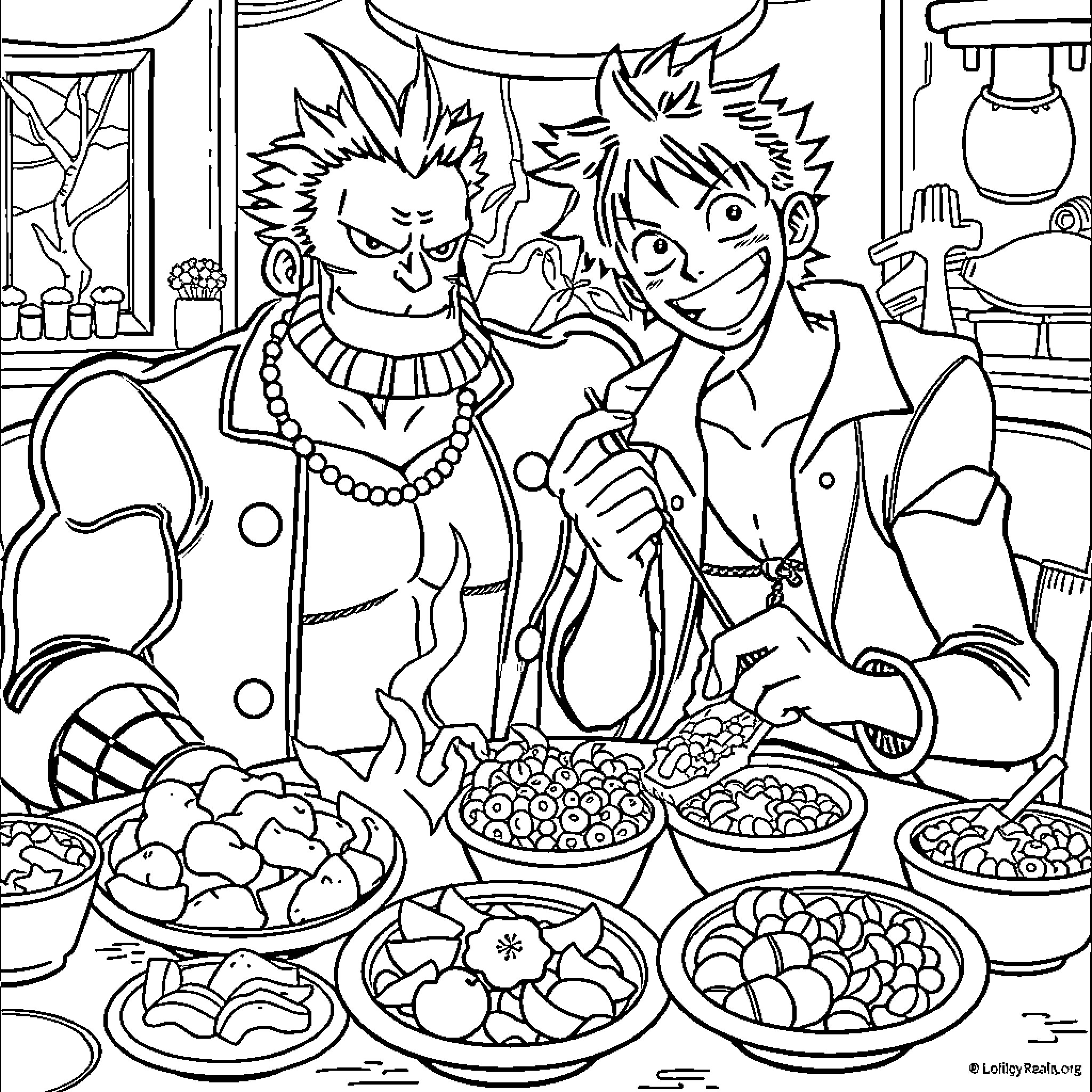 All Might Enjoying a Lively Meal with Friends Coloring Page (free black-and-white line drawing printable PDF for all, from beginners to advanced learners, including children, teens, adults, and seniors)