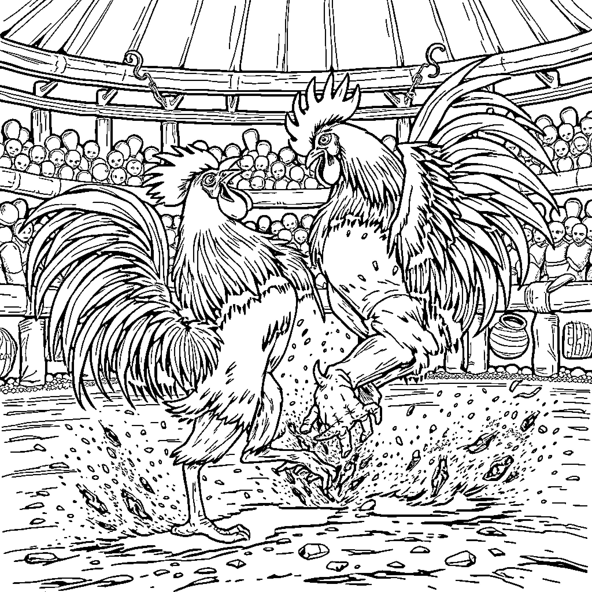 Roosters in a Vibrant Arena Coloring Page (free black-and-white line drawing printable PDF for all, from beginners to advanced learners, including children, teens, adults, and seniors)