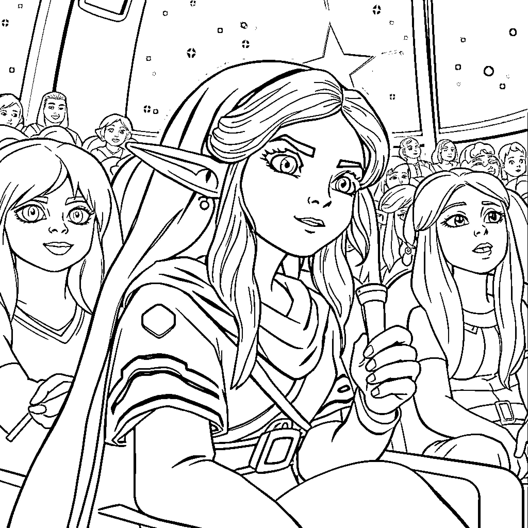 Zelda and her friends on an epic adventure Coloring Page (free black-and-white line drawing printable PDF for all, from beginners to advanced learners, including children, teens, adults, and seniors)