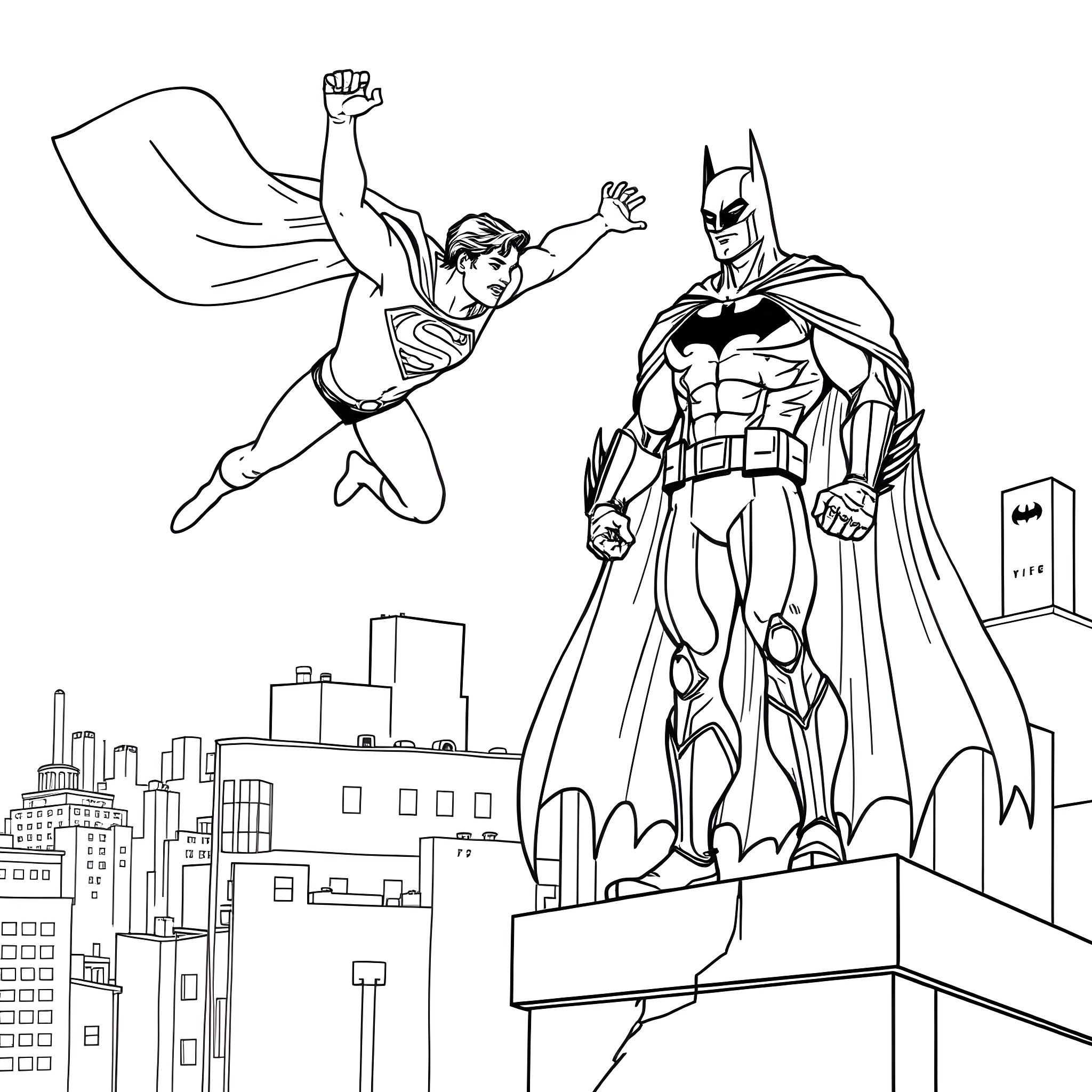 Superman and Batman fight in the city Coloring Page (free black-and-white line drawing printable PDF for all, from beginners to advanced learners, including children, teens, adults, and seniors)