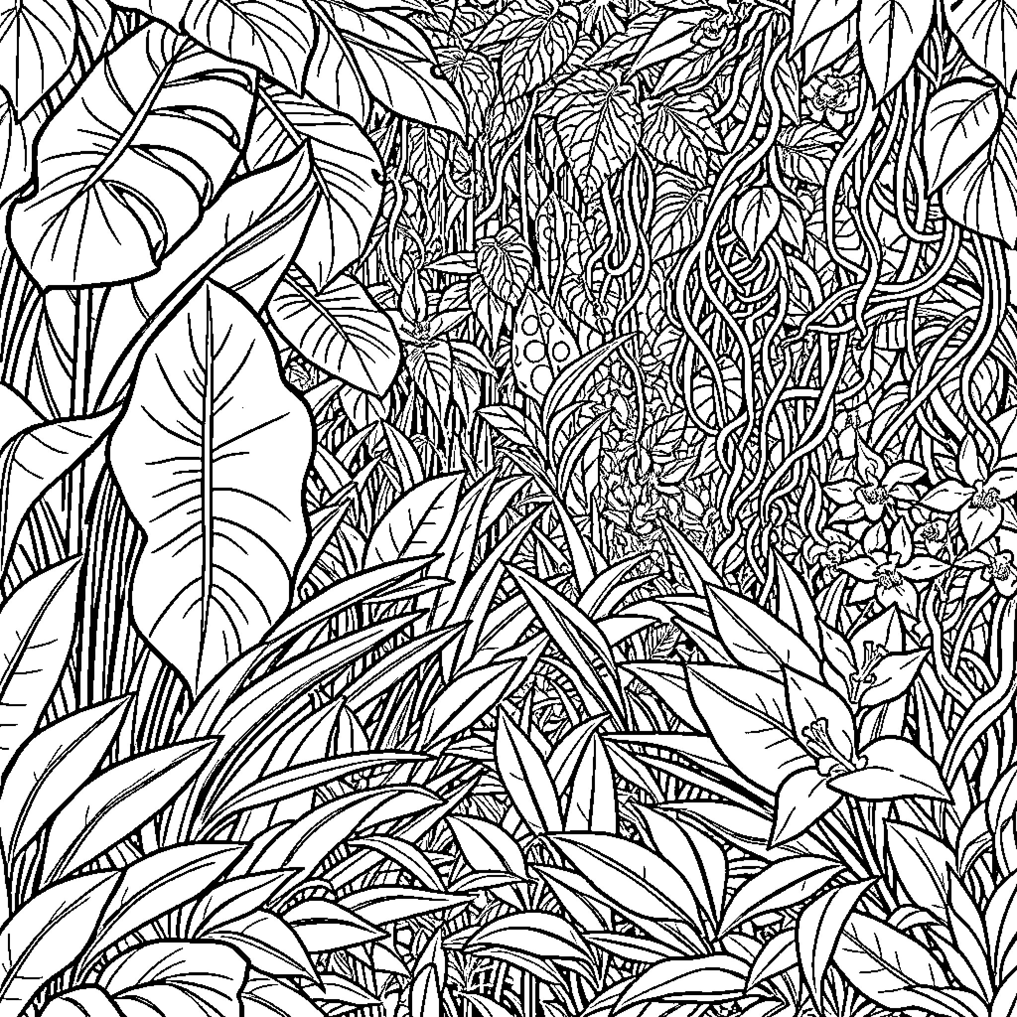 Plant growth in a lush, intricate forest scene Coloring Page (free black-and-white line drawing printable PDF for all, from beginners to advanced learners, including children, teens, adults, and seniors)