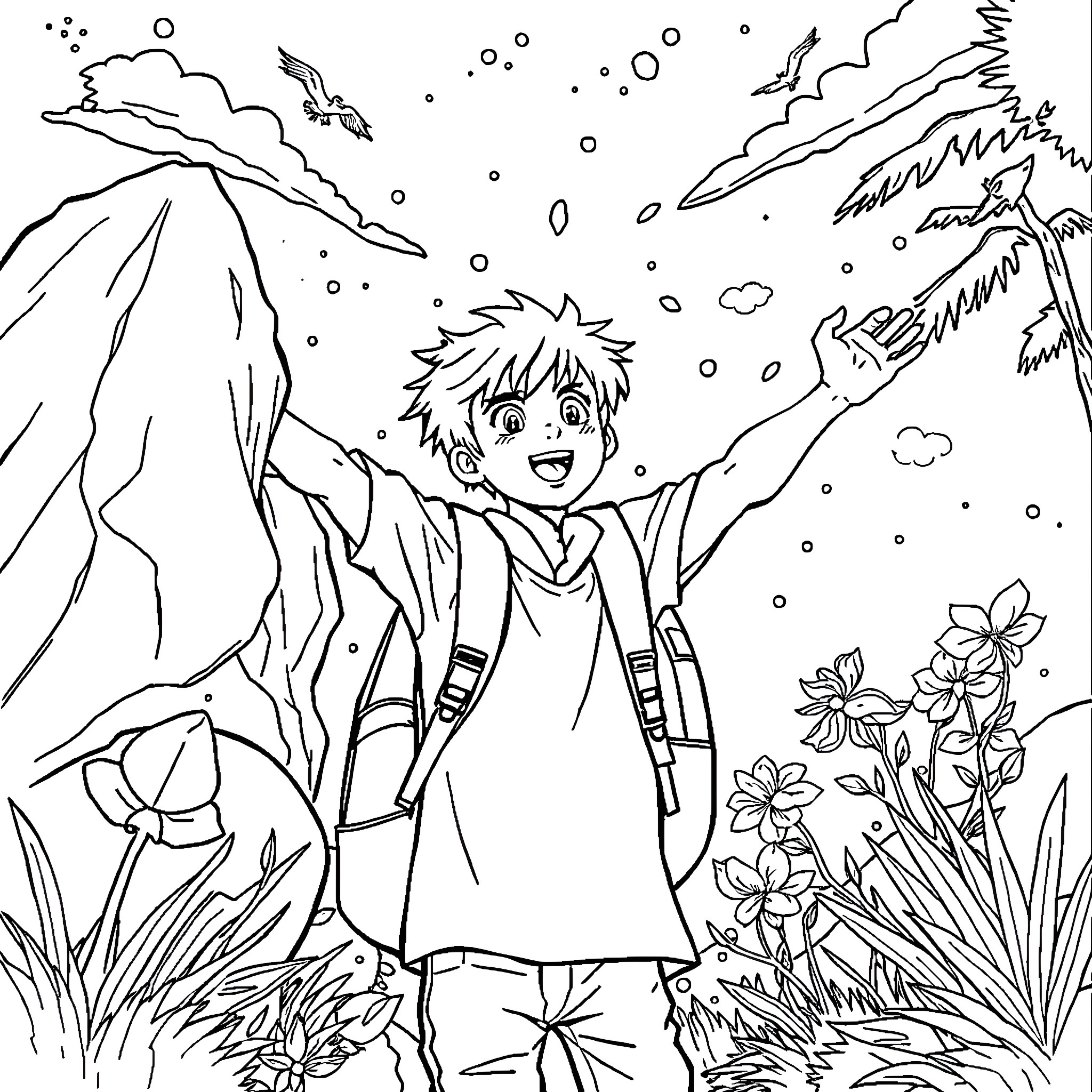 Teen in winter wonderland with snowflakes and flowers Coloring Page (free black-and-white line drawing printable PDF for all, from beginners to advanced learners, including children, teens, adults, and seniors)
