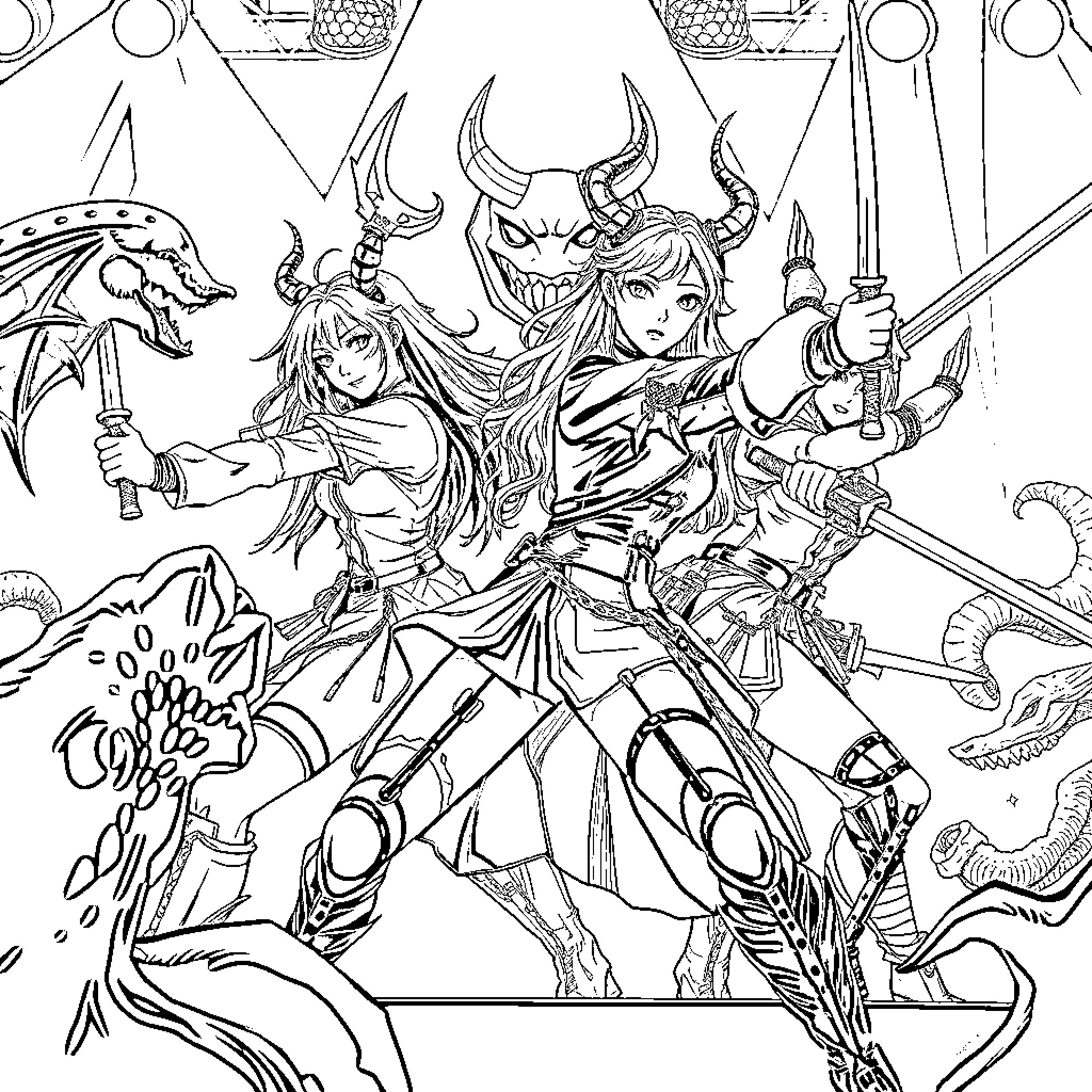Demon Hunter Battles Fearsome Creatures in Epic Fantasy Scene Coloring Page (free black-and-white line drawing printable PDF for all, from beginners to advanced learners, including children, teens, adults, and seniors)