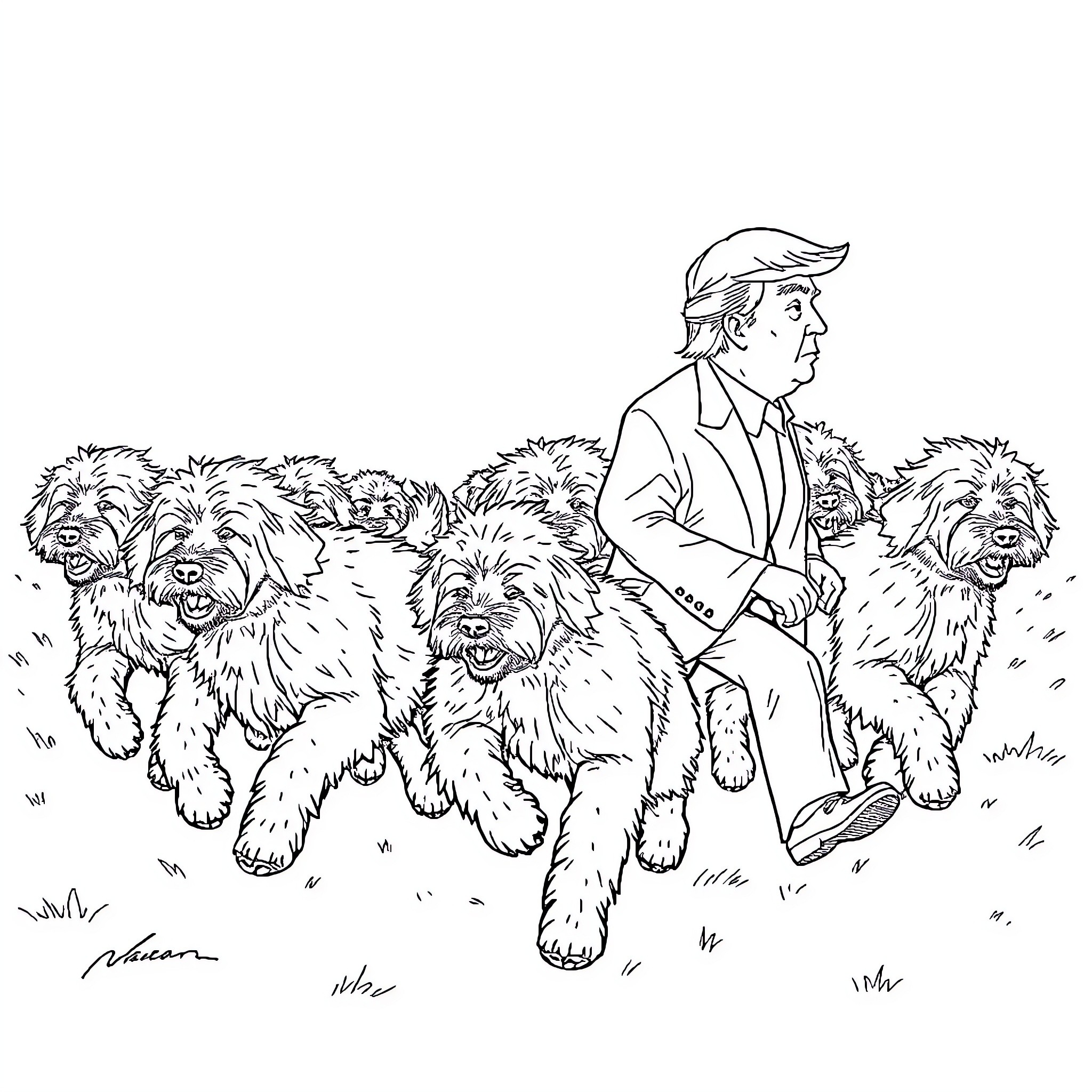 Doodle of a person walking with a pack of fluffy dogs Coloring Page (free black-and-white line drawing printable PDF for all, from beginners to advanced learners, including children, teens, adults, and seniors)