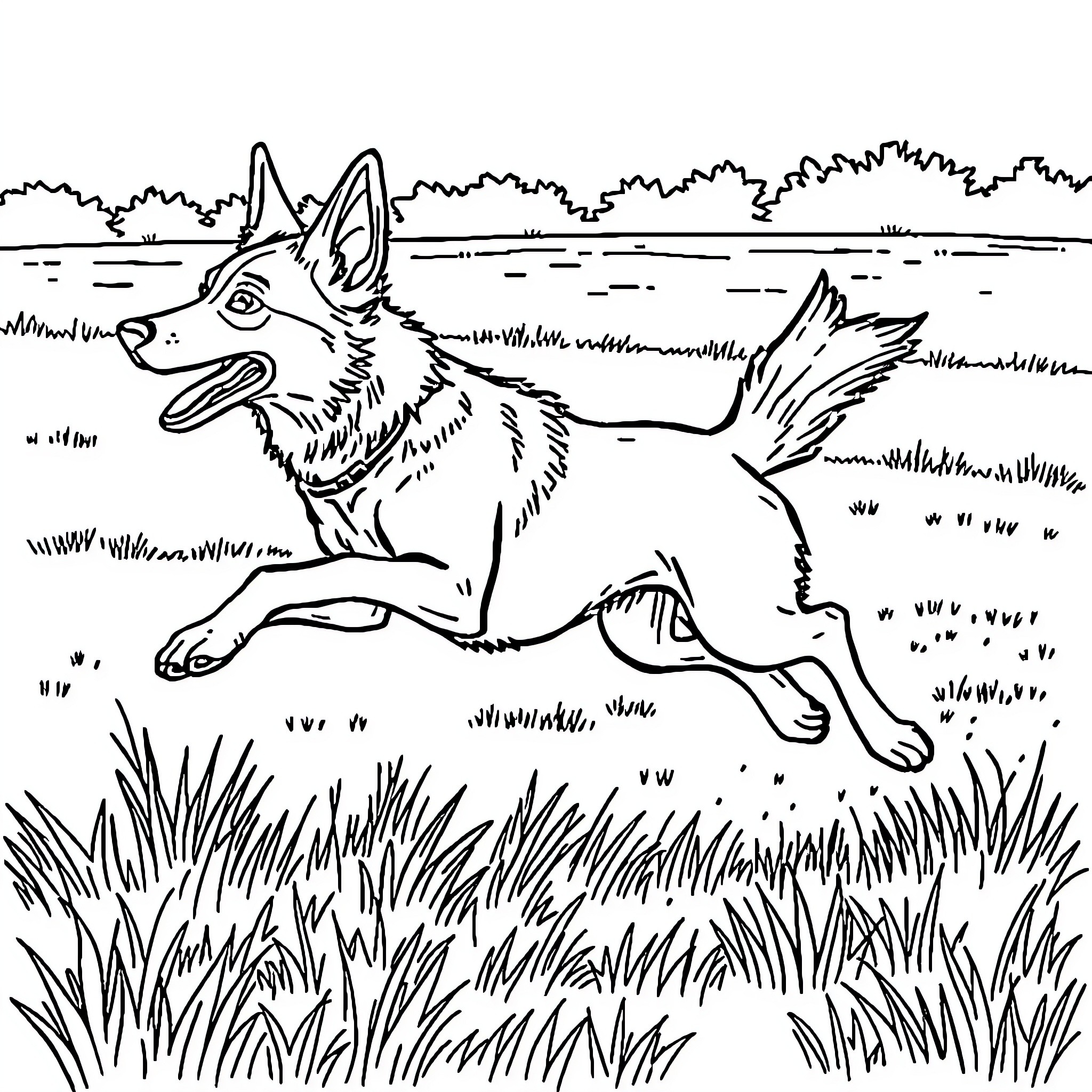 Dog running happily in a grassy field Coloring Page (free black-and-white line drawing printable PDF for all, from beginners to advanced learners, including children, teens, adults, and seniors)