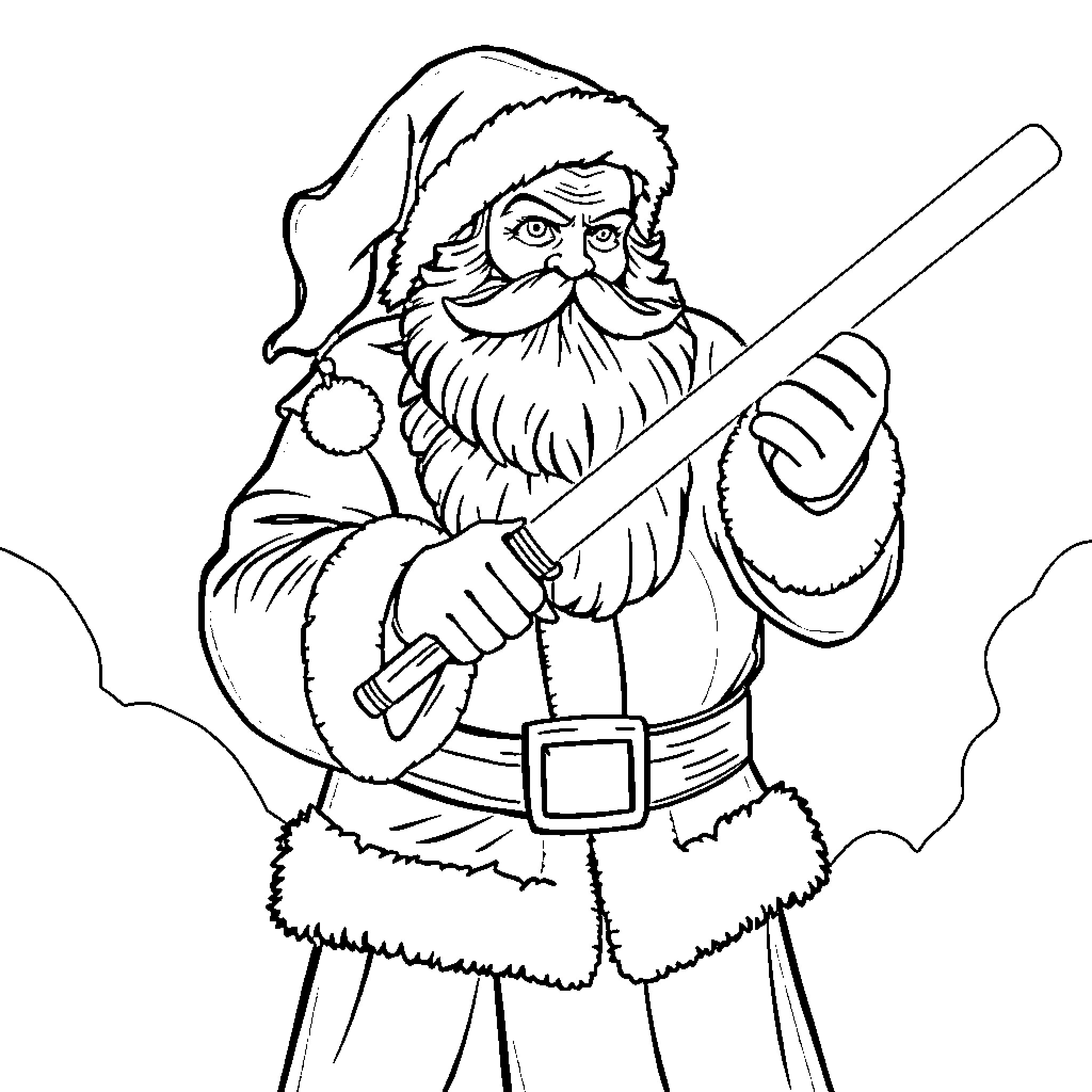 Santa Claus with a Lightsaber Coloring Page (free black-and-white line drawing printable PDF for all, from beginners to advanced learners, including children, teens, adults, and seniors)