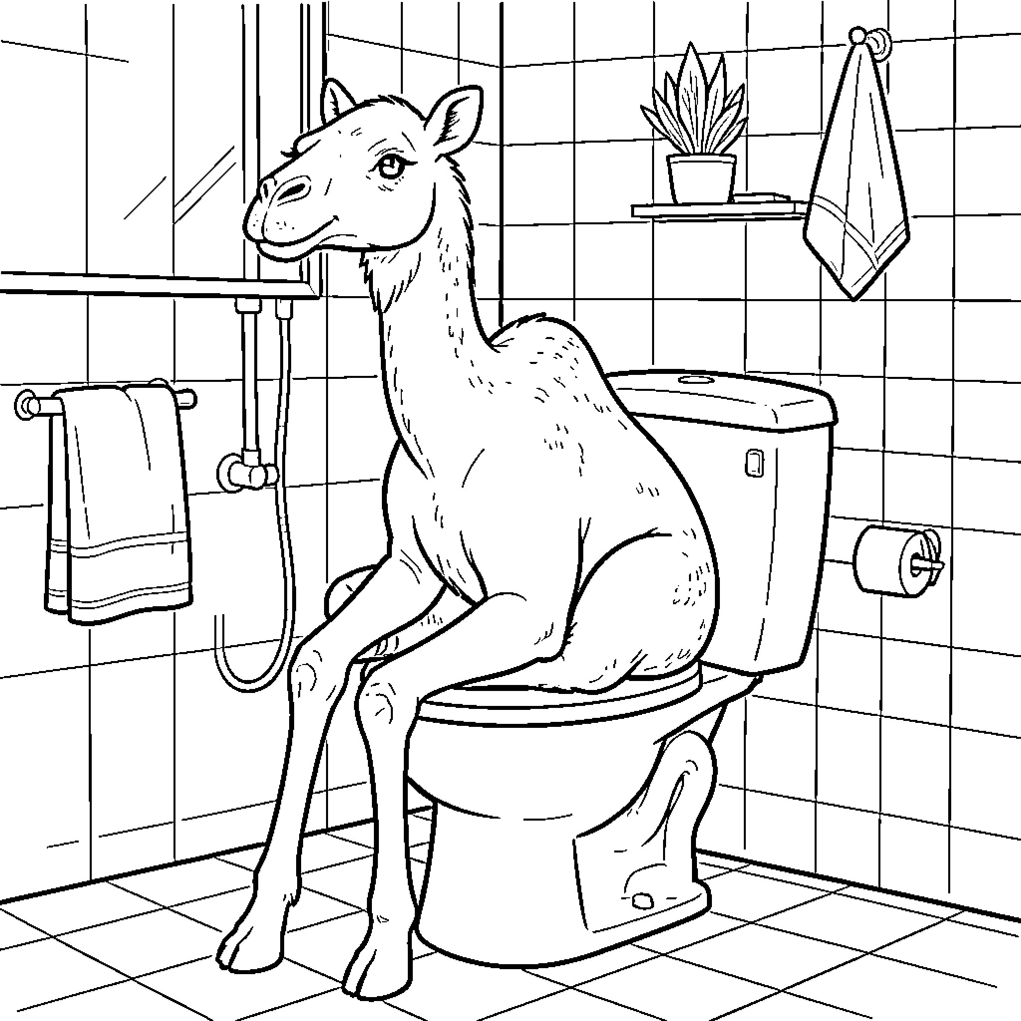 Camel sitting on a toilet in a bathroom Coloring Page (free black-and-white line drawing printable PDF for all, from beginners to advanced learners, including children, teens, adults, and seniors)