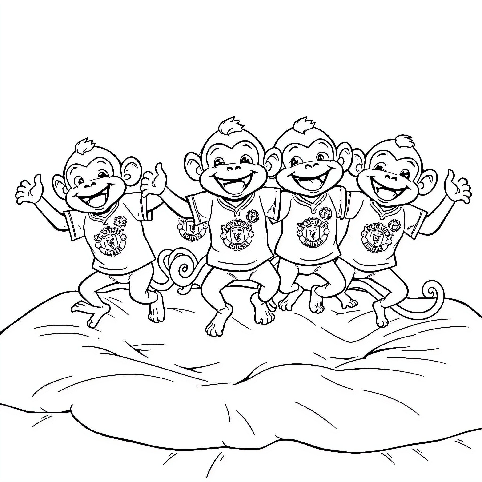 Monkey friends jumping and dancing happily Coloring Page (free black-and-white line drawing printable PDF for all, from beginners to advanced learners, including children, teens, adults, and seniors)