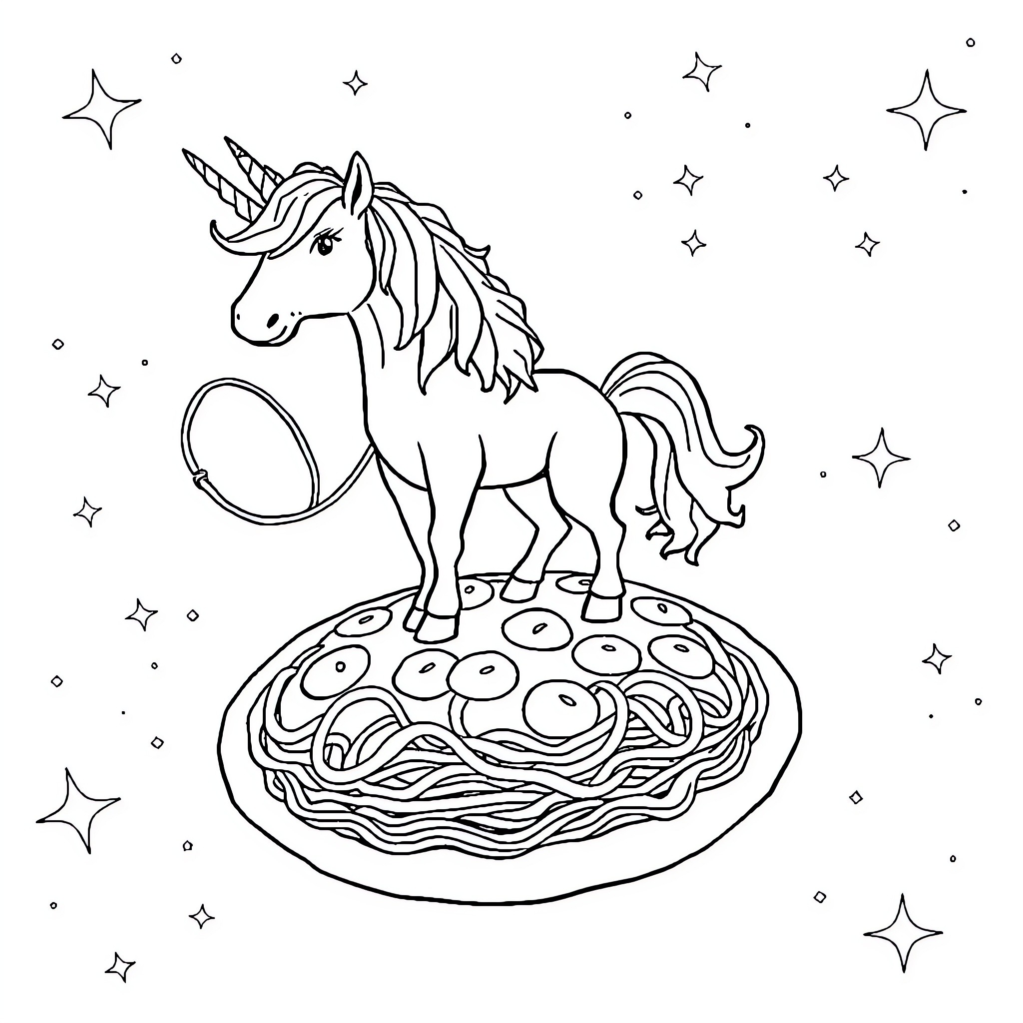 Unicorn standing on a magical pie in the starry night Coloring Page (free black-and-white line drawing printable PDF for all, from beginners to advanced learners, including children, teens, adults, and seniors)