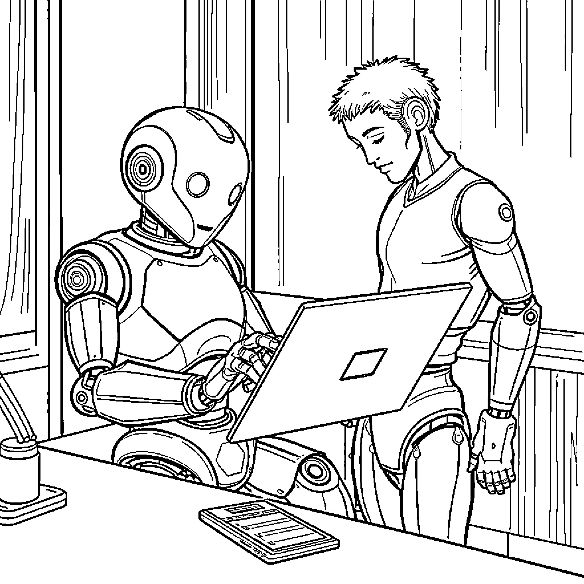 Robot and human working together on a computer Coloring Page (free black-and-white line drawing printable PDF for all, from beginners to advanced learners, including children, teens, adults, and seniors)