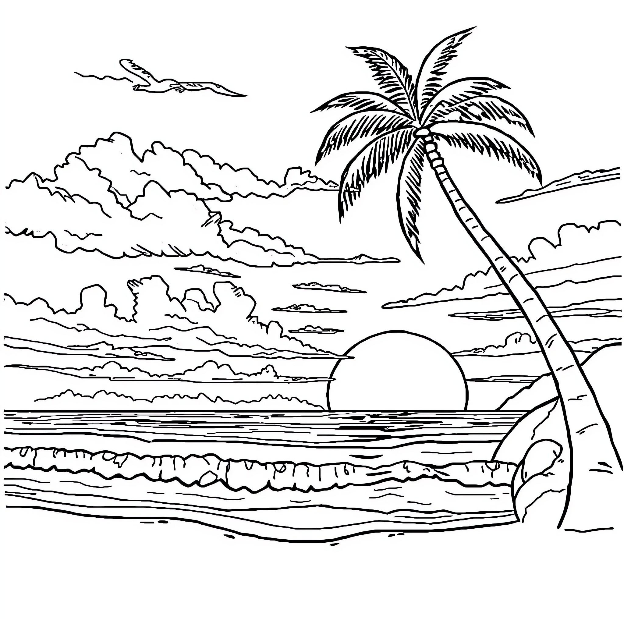 Sunset at the tropical beach Coloring Page (free black-and-white line drawing printable PDF for all, from beginners to advanced learners, including children, teens, adults, and seniors)