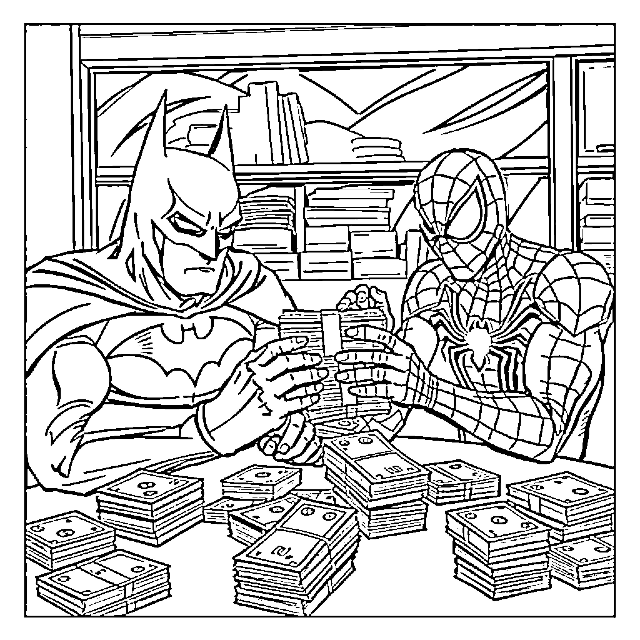 Batman and Spider-Man Collecting Money in the City Coloring Page (free black-and-white line drawing printable PDF for all, from beginners to advanced learners, including children, teens, adults, and seniors)