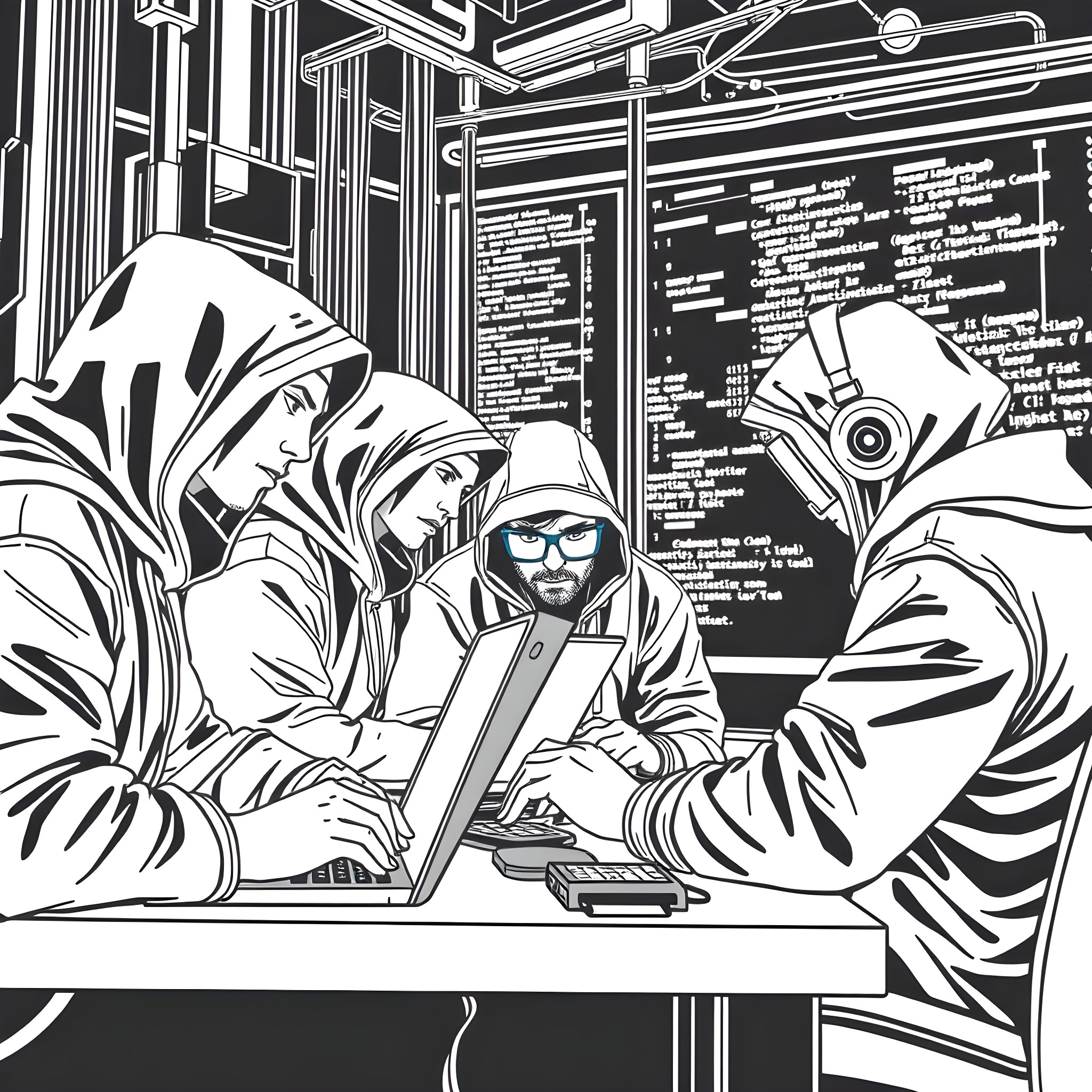 Hacker team working on complex system in dark room Coloring Page (free black-and-white line drawing printable PDF for all, from beginners to advanced learners, including children, teens, adults, and seniors)