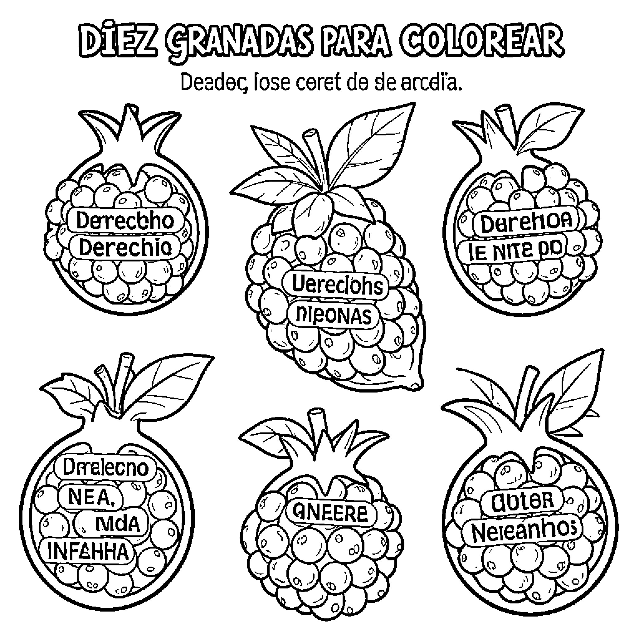 Granada fruit illustrations with decorative text inside Coloring Page (free black-and-white line drawing printable PDF for all, from beginners to advanced learners, including children, teens, adults, and seniors)