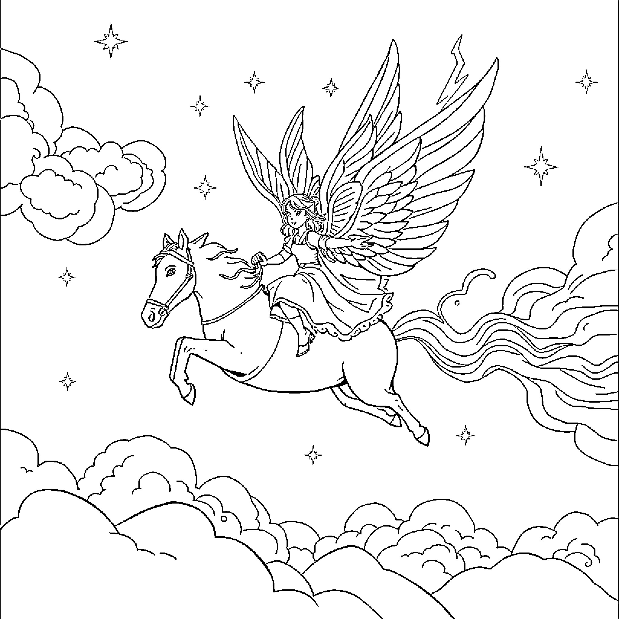 Elijah's Enchanted Winged Ride Through the Starry Sky Coloring Page (free black-and-white line drawing printable PDF for all, from beginners to advanced learners, including children, teens, adults, and seniors)