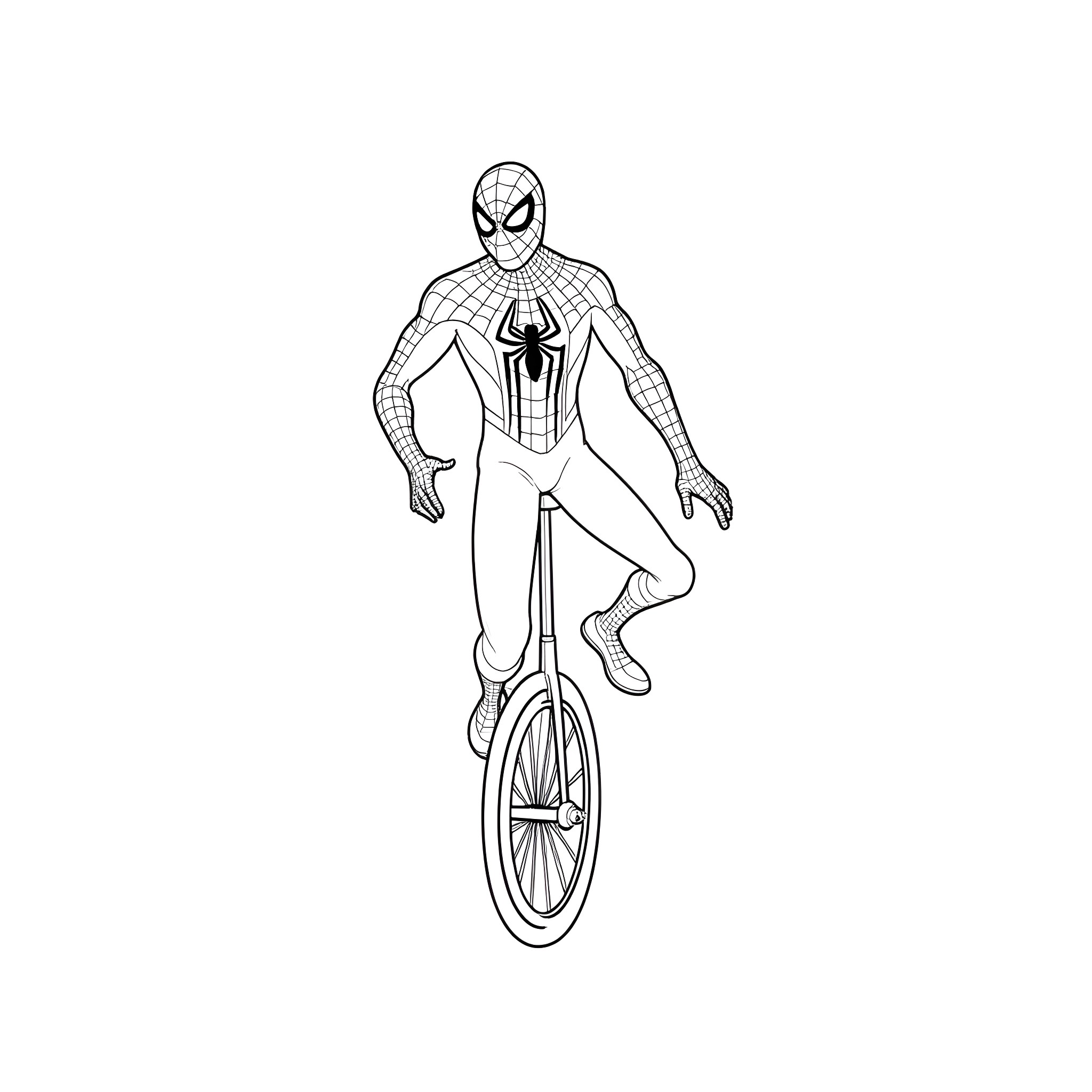 Spiderman riding a unicycle Coloring Page (free black-and-white line drawing printable PDF for all, from beginners to advanced learners, including children, teens, adults, and seniors)