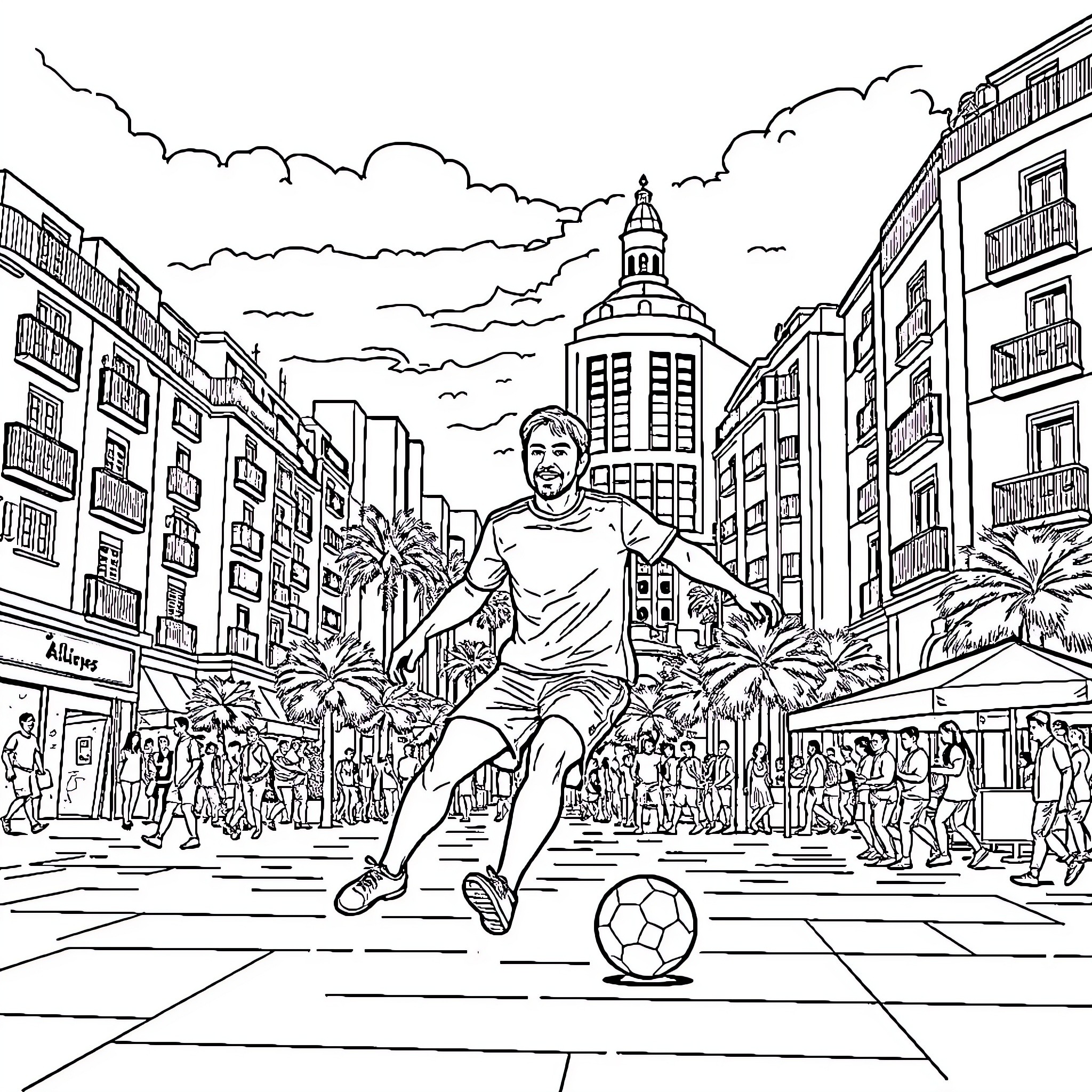 Man playing soccer in a lively city street Coloring Page (free black-and-white line drawing printable PDF for all, from beginners to advanced learners, including children, teens, adults, and seniors)