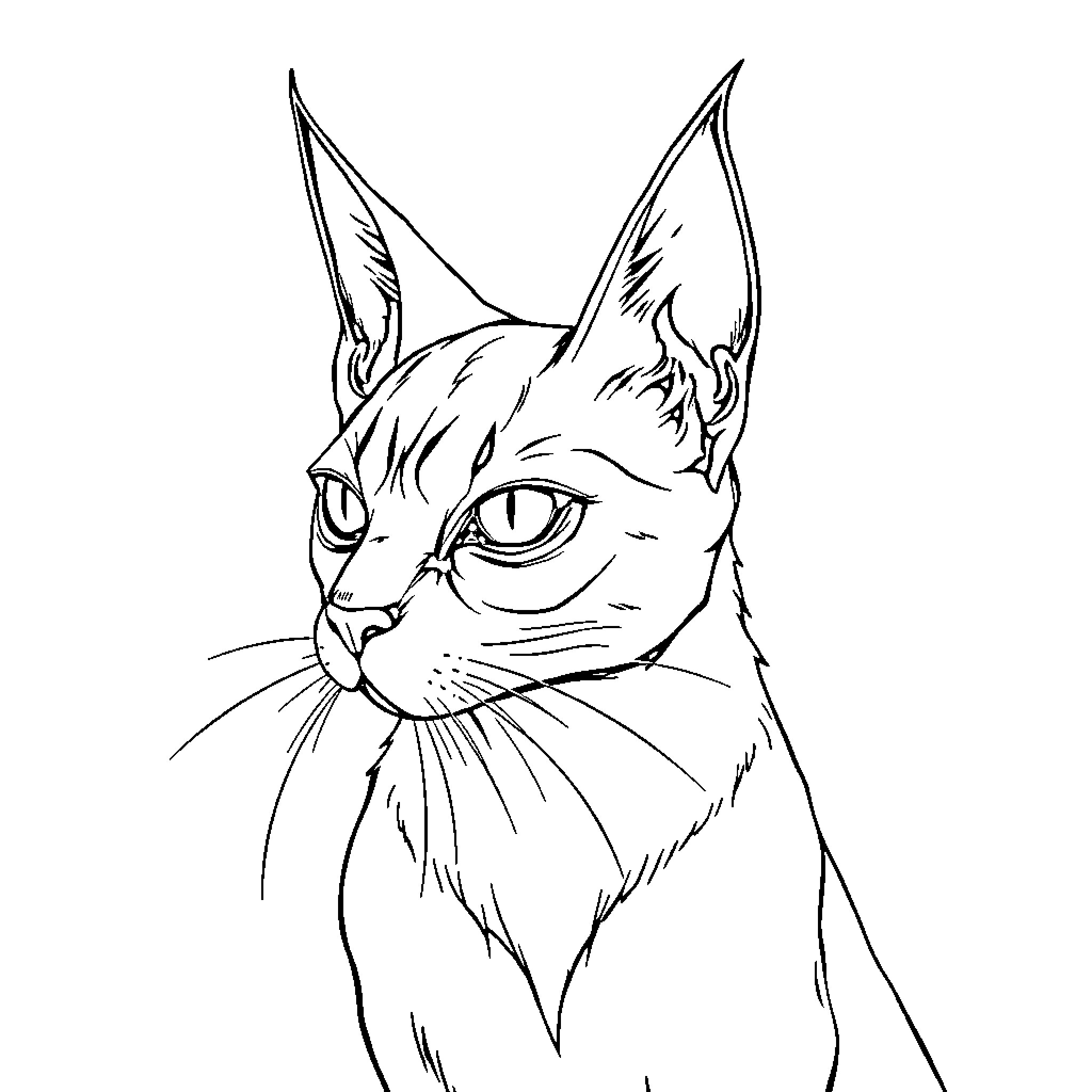 Cat with alert expression and pointed ears Coloring Page (free black-and-white line drawing printable PDF for all, from beginners to advanced learners, including children, teens, adults, and seniors)
