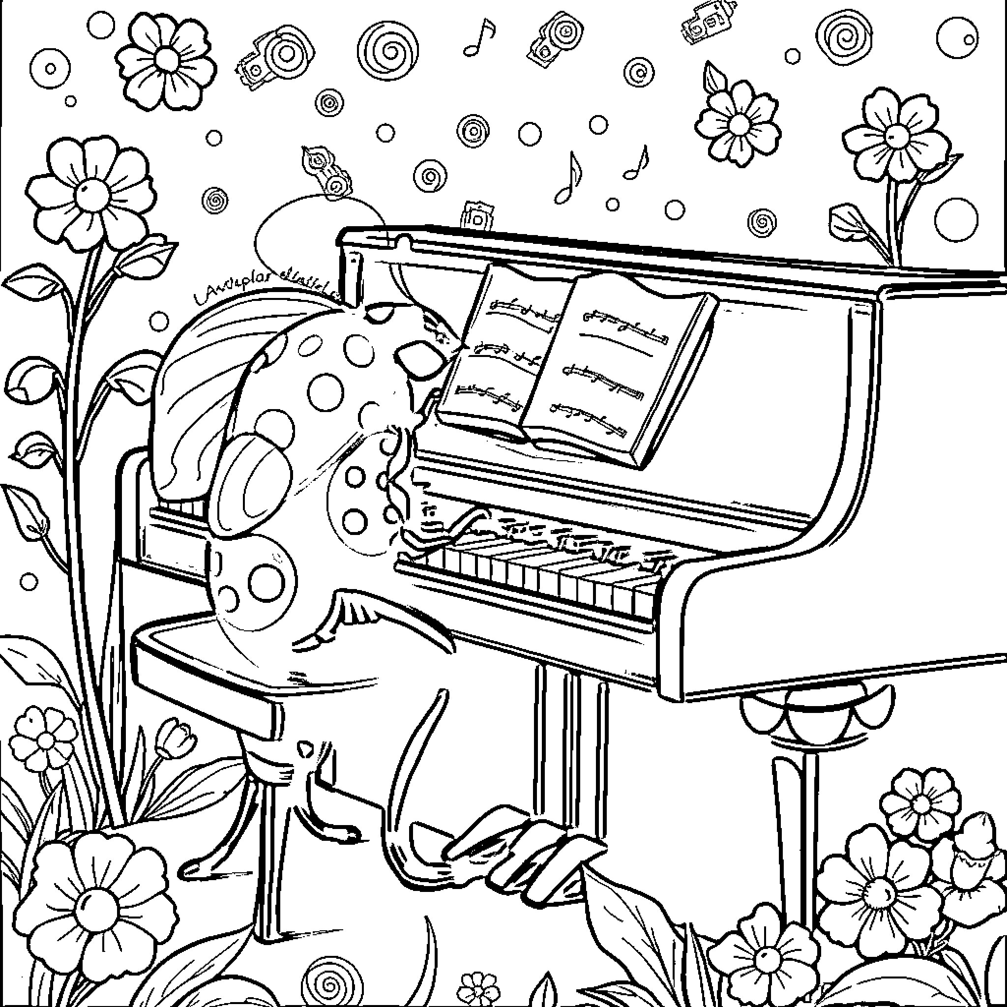 Ladybug playing piano in a flowery meadow Coloring Page (free black-and-white line drawing printable PDF for all, from beginners to advanced learners, including children, teens, adults, and seniors)