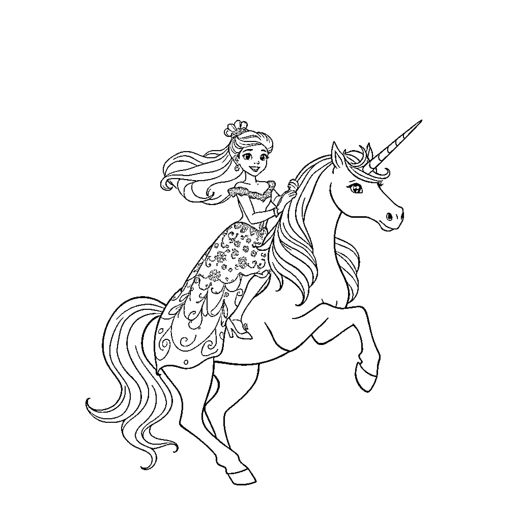 Princess Riding a Magical Unicorn Coloring Page (free black-and-white line drawing printable PDF for all, from beginners to advanced learners, including children, teens, adults, and seniors)