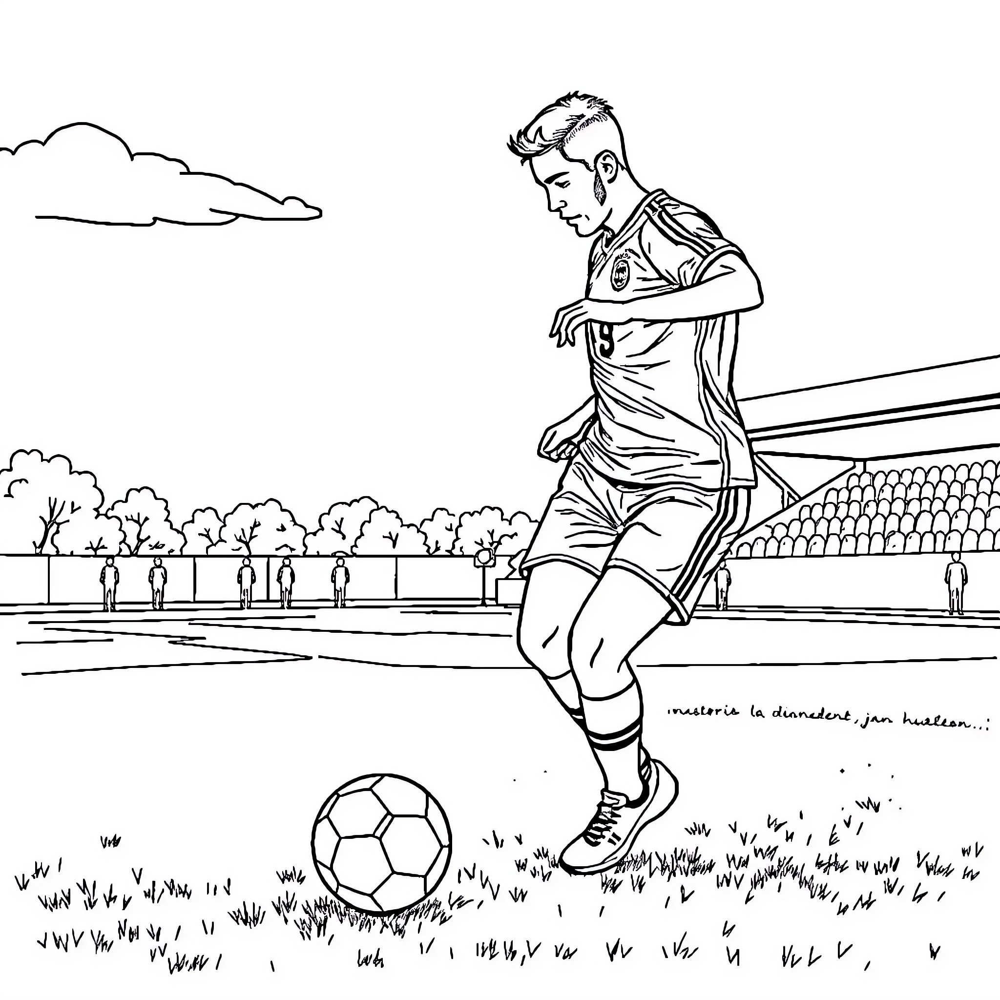 Football Player Dribbling the Ball on the Field Coloring Page (free black-and-white line drawing printable PDF for all, from beginners to advanced learners, including children, teens, adults, and seniors)