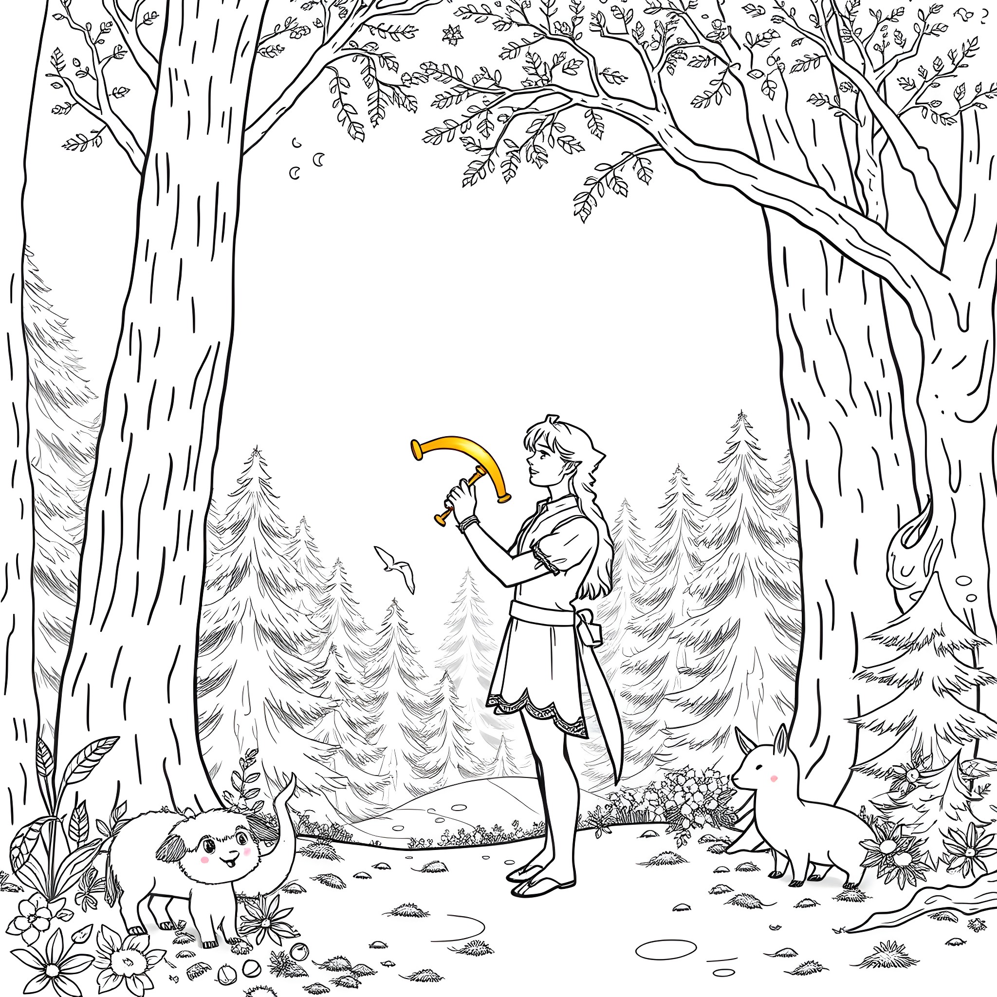 Peer Heinzel exploring the enchanted forest with animals Coloring Page (free black-and-white line drawing printable PDF for all, from beginners to advanced learners, including children, teens, adults, and seniors)