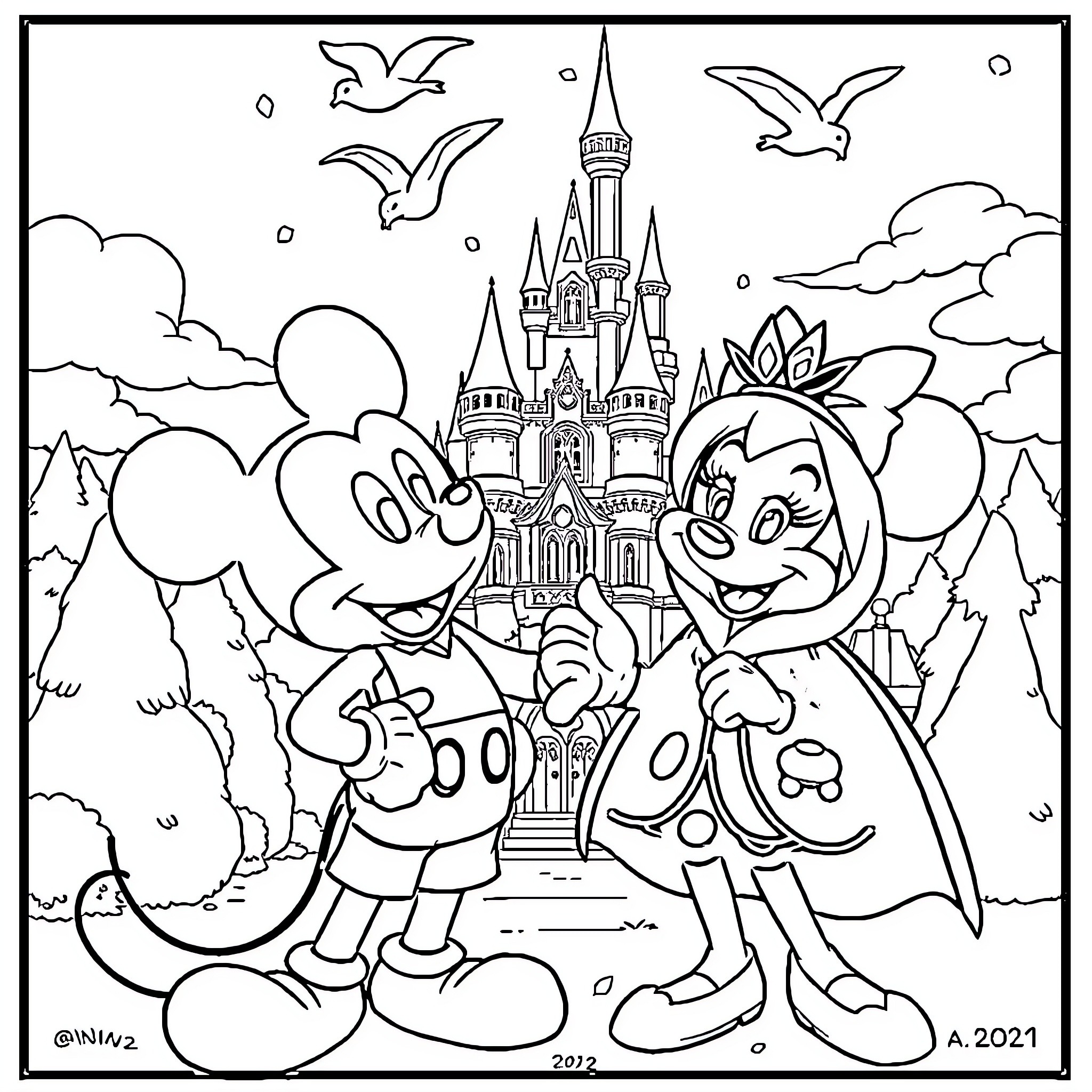 Patrol of iconic Disney characters in fantasy castle scene Coloring Page (free black-and-white line drawing printable PDF for all, from beginners to advanced learners, including children, teens, adults, and seniors)