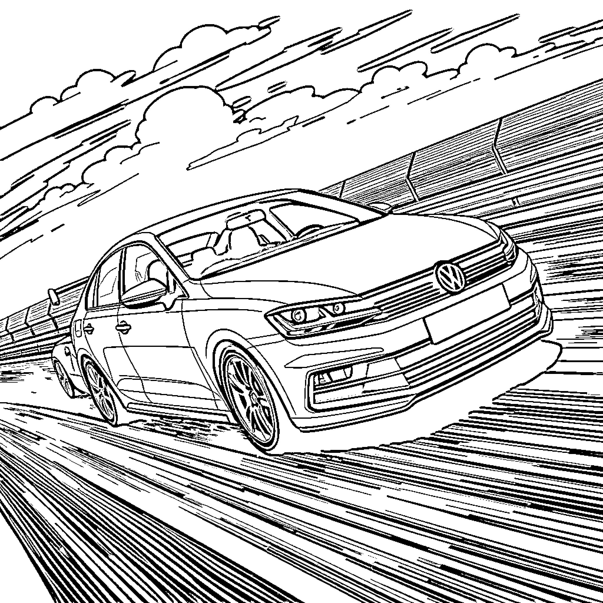 Jetta speeding through the stormy landscape Coloring Page (free black-and-white line drawing printable PDF for all, from beginners to advanced learners, including children, teens, adults, and seniors)