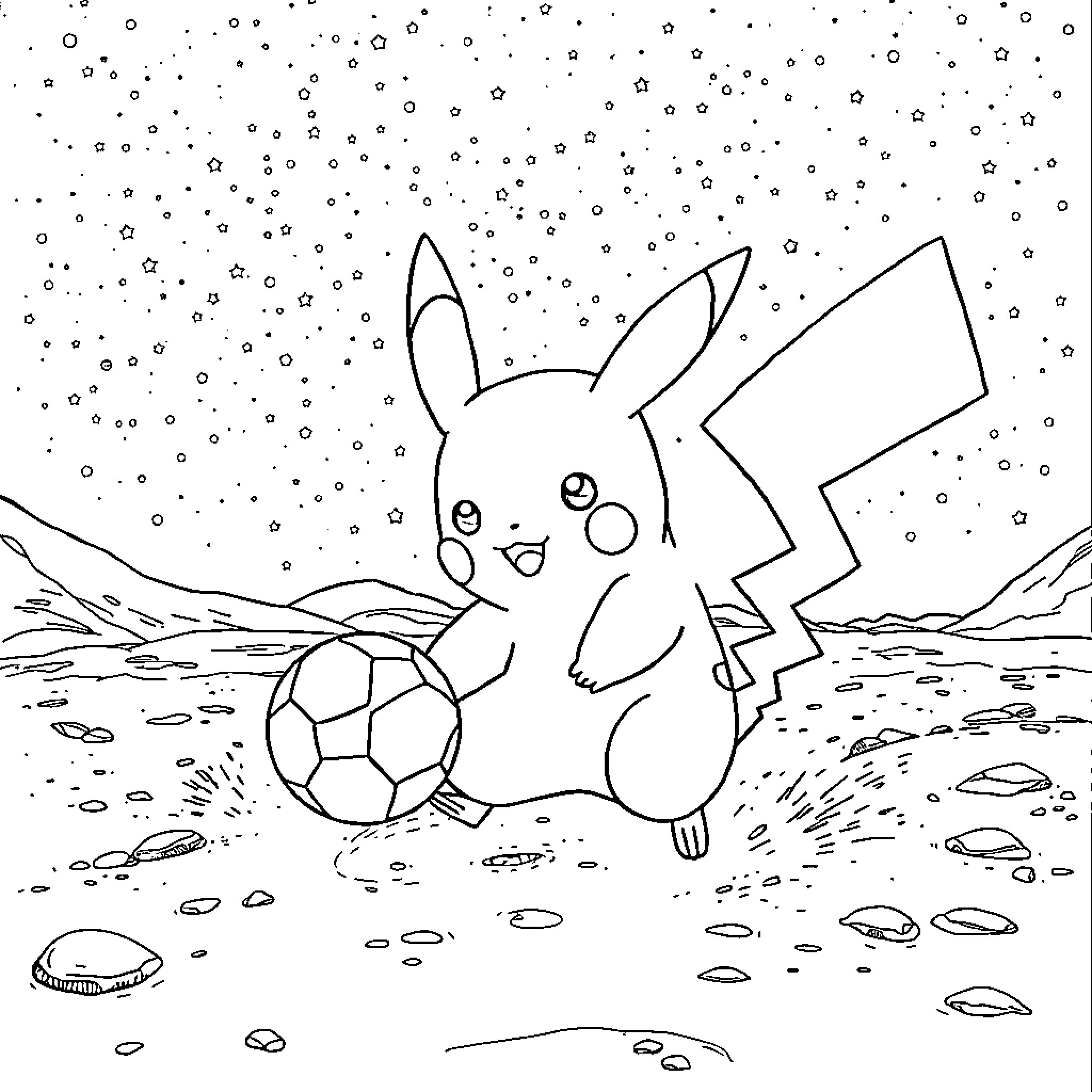 Pikachu playing with a soccer ball in the snow Coloring Page (free black-and-white line drawing printable PDF for all, from beginners to advanced learners, including children, teens, adults, and seniors)