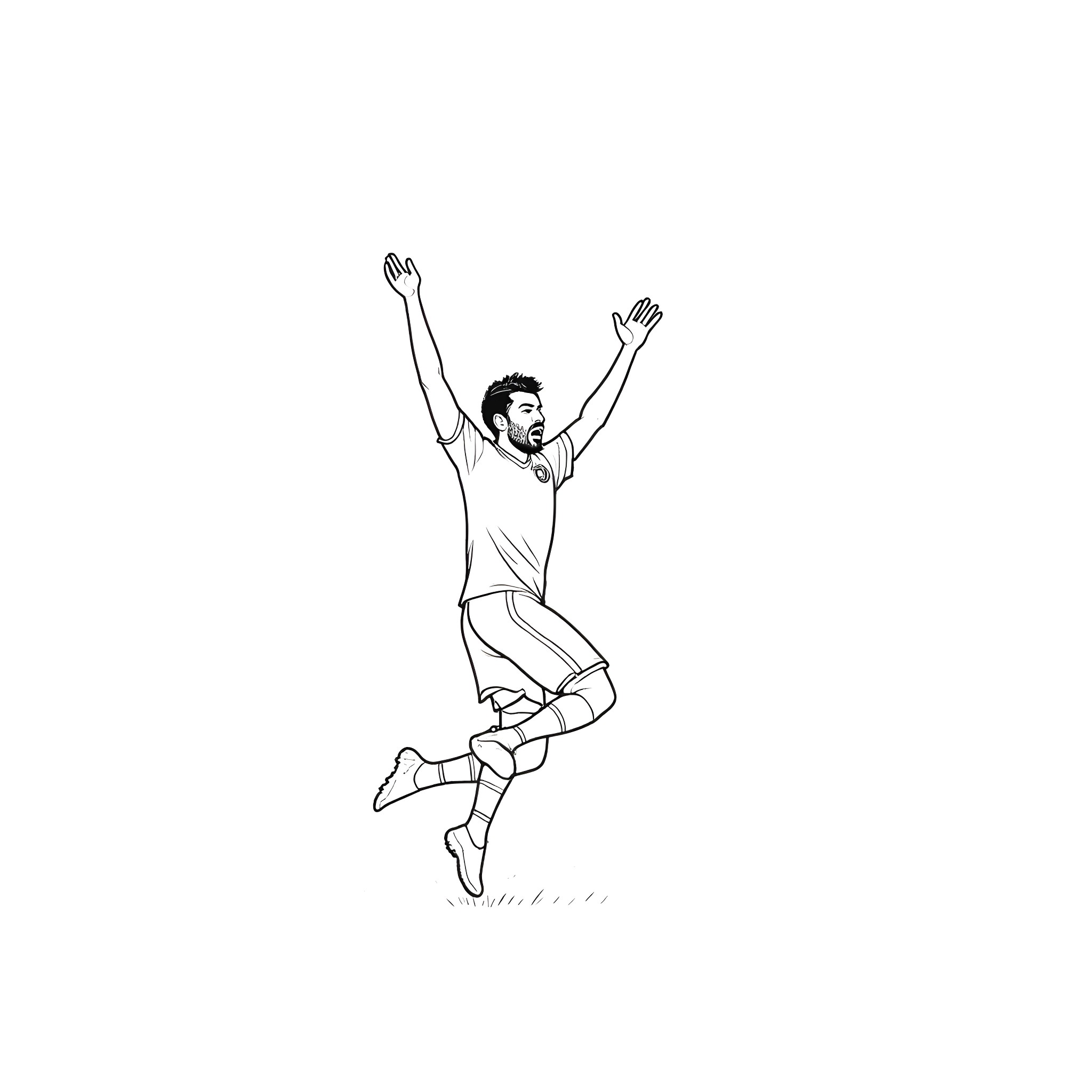Mo Salah celebrating with arms raised in triumph Coloring Page (free black-and-white line drawing printable PDF for all, from beginners to advanced learners, including children, teens, adults, and seniors)
