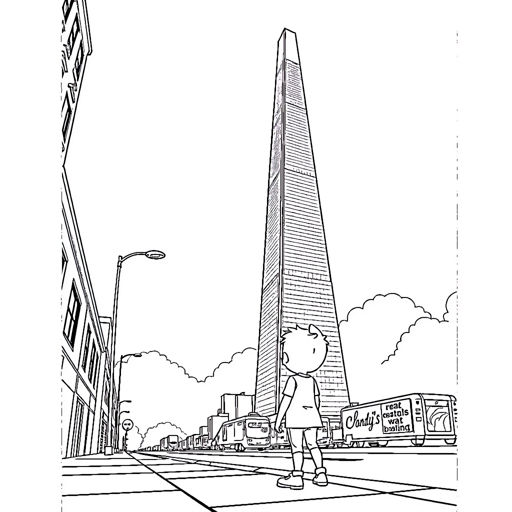 Dandy figure exploring modern city skyline Coloring Page (free black-and-white line drawing printable PDF for all, from beginners to advanced learners, including children, teens, adults, and seniors)