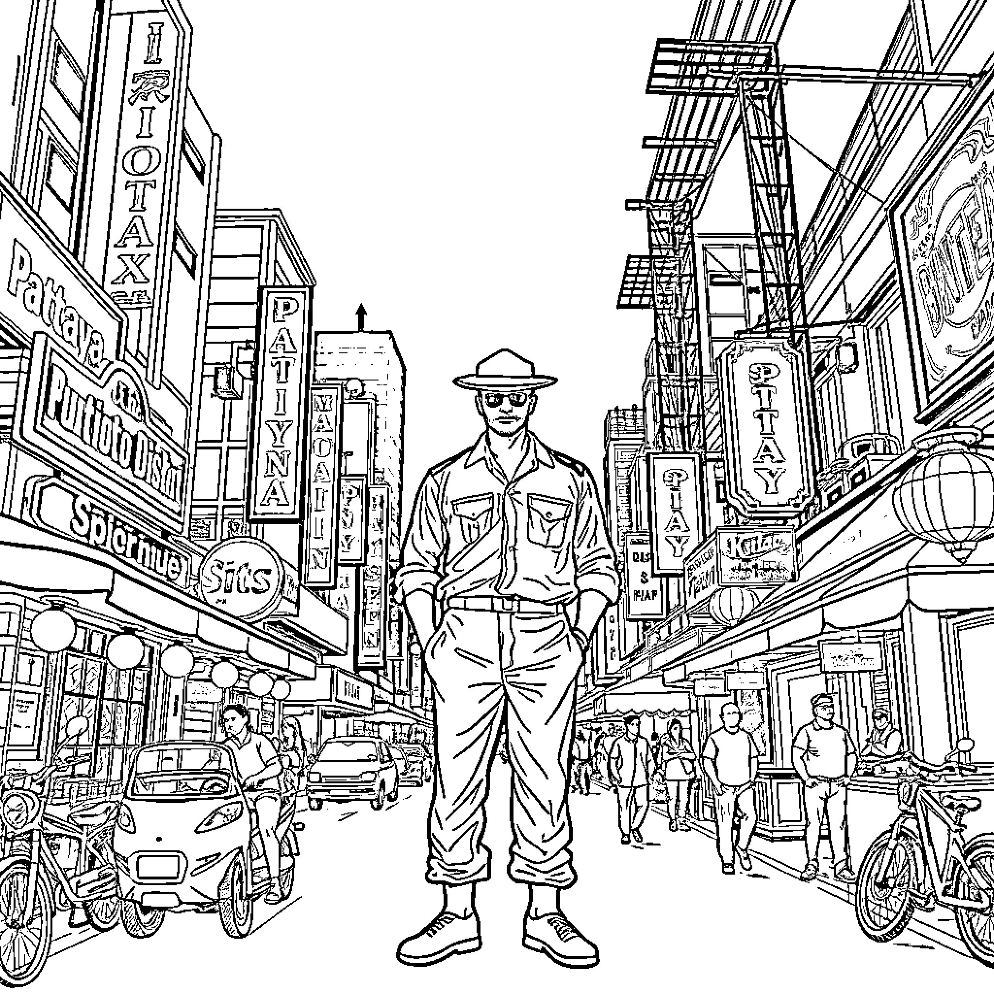 Mariner navigates bustling city streets Coloring Page (free black-and-white line drawing printable PDF for all, from beginners to advanced learners, including children, teens, adults, and seniors)