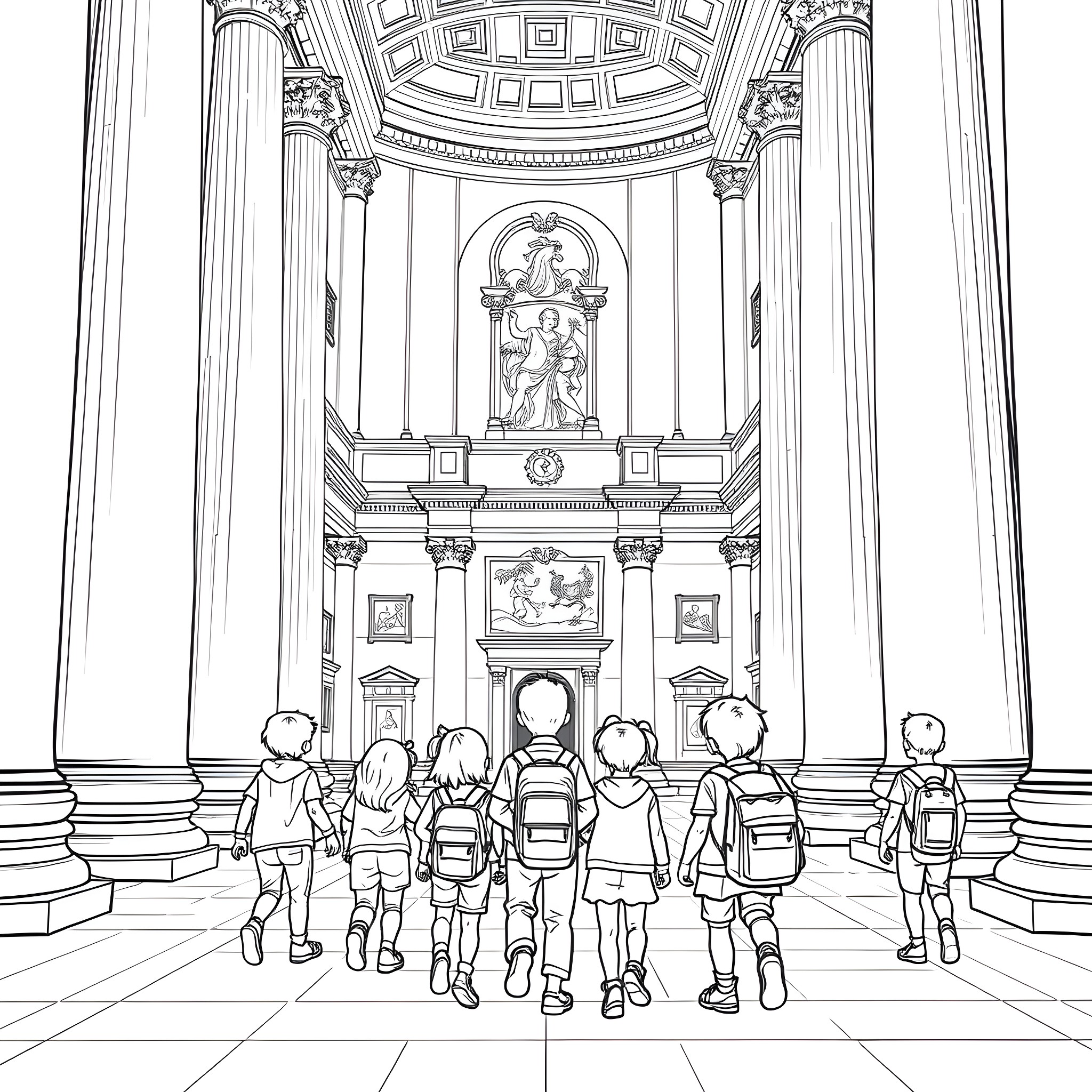 Kid Group Exploring Ornate Cathedral Interior Coloring Page (free black-and-white line drawing printable PDF for all, from beginners to advanced learners, including children, teens, adults, and seniors)