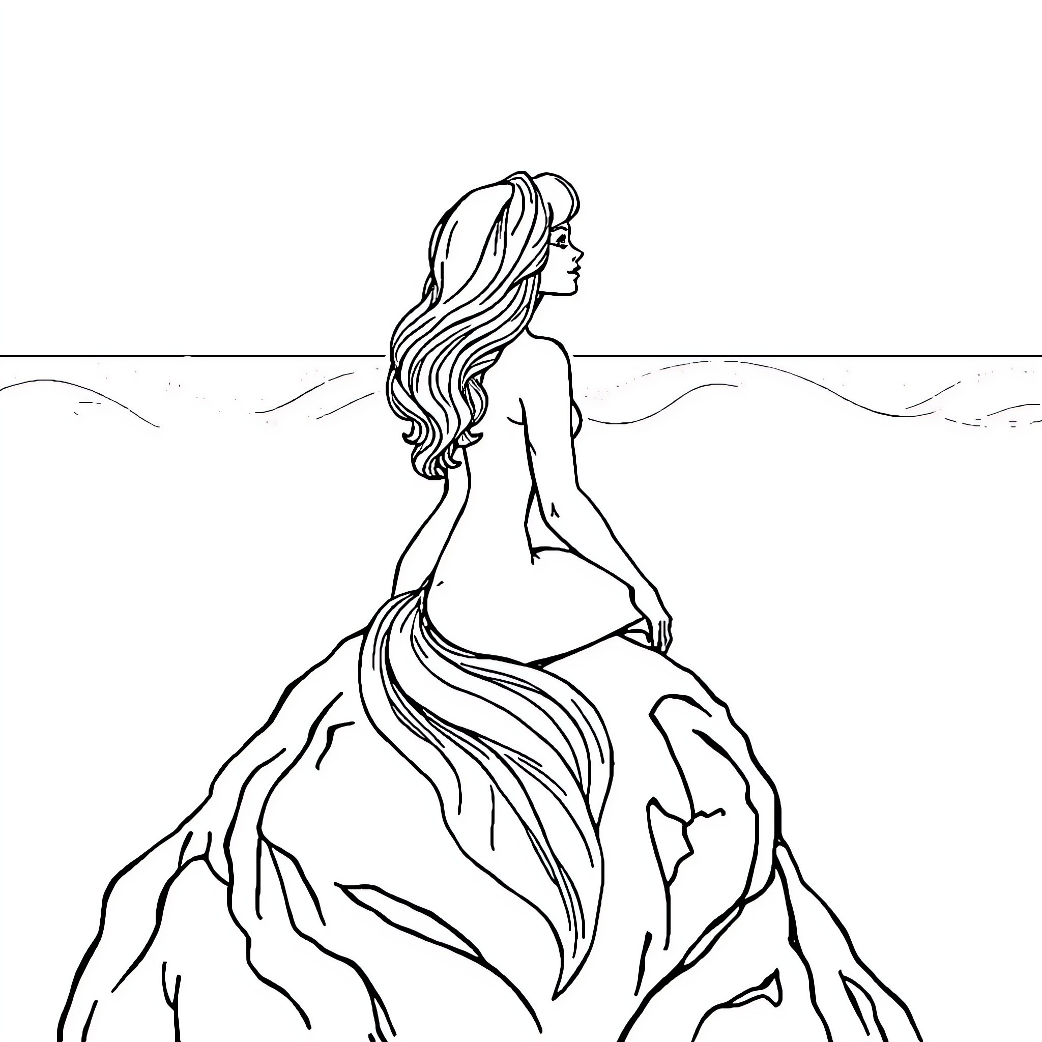 Mermaid gazing out at the horizon Coloring Page (free black-and-white line drawing printable PDF for all, from beginners to advanced learners, including children, teens, adults, and seniors)