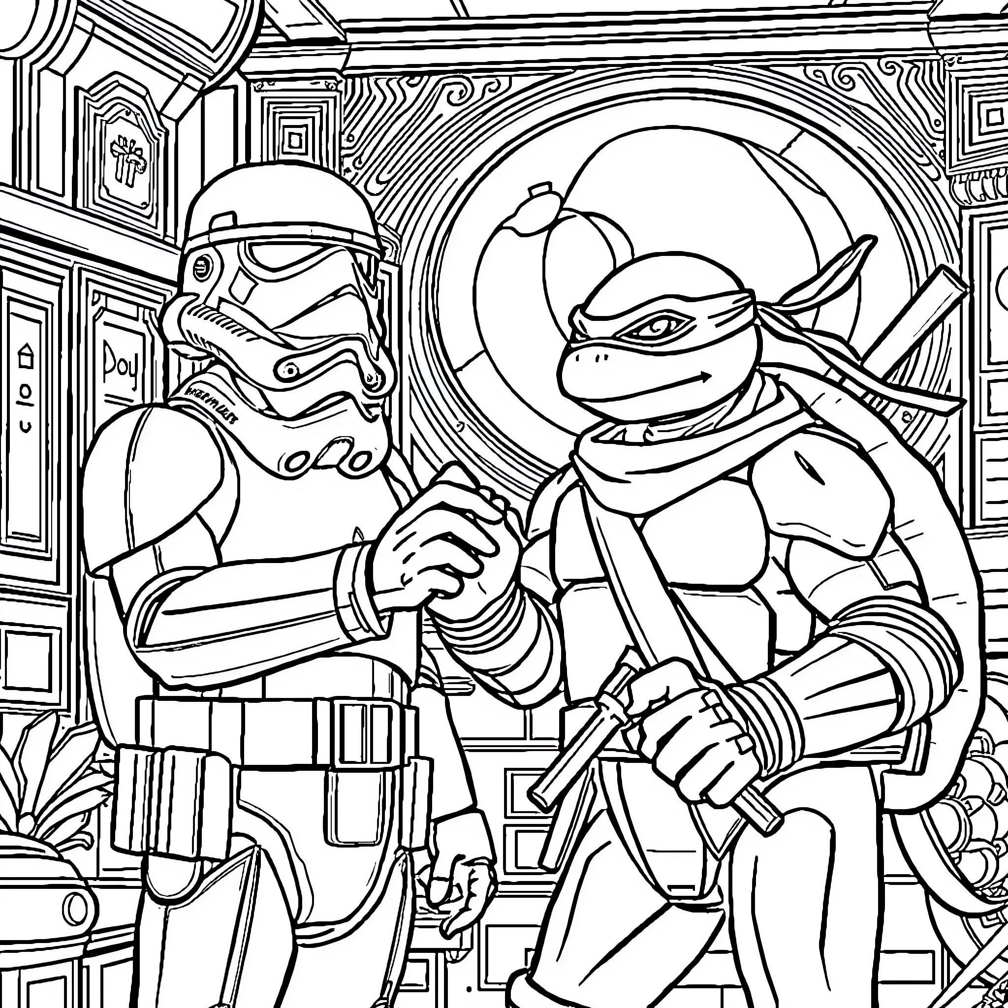 Stormtrooper and Ninja Turtle in futuristic battle Coloring Page (free black-and-white line drawing printable PDF for all, from beginners to advanced learners, including children, teens, adults, and seniors)