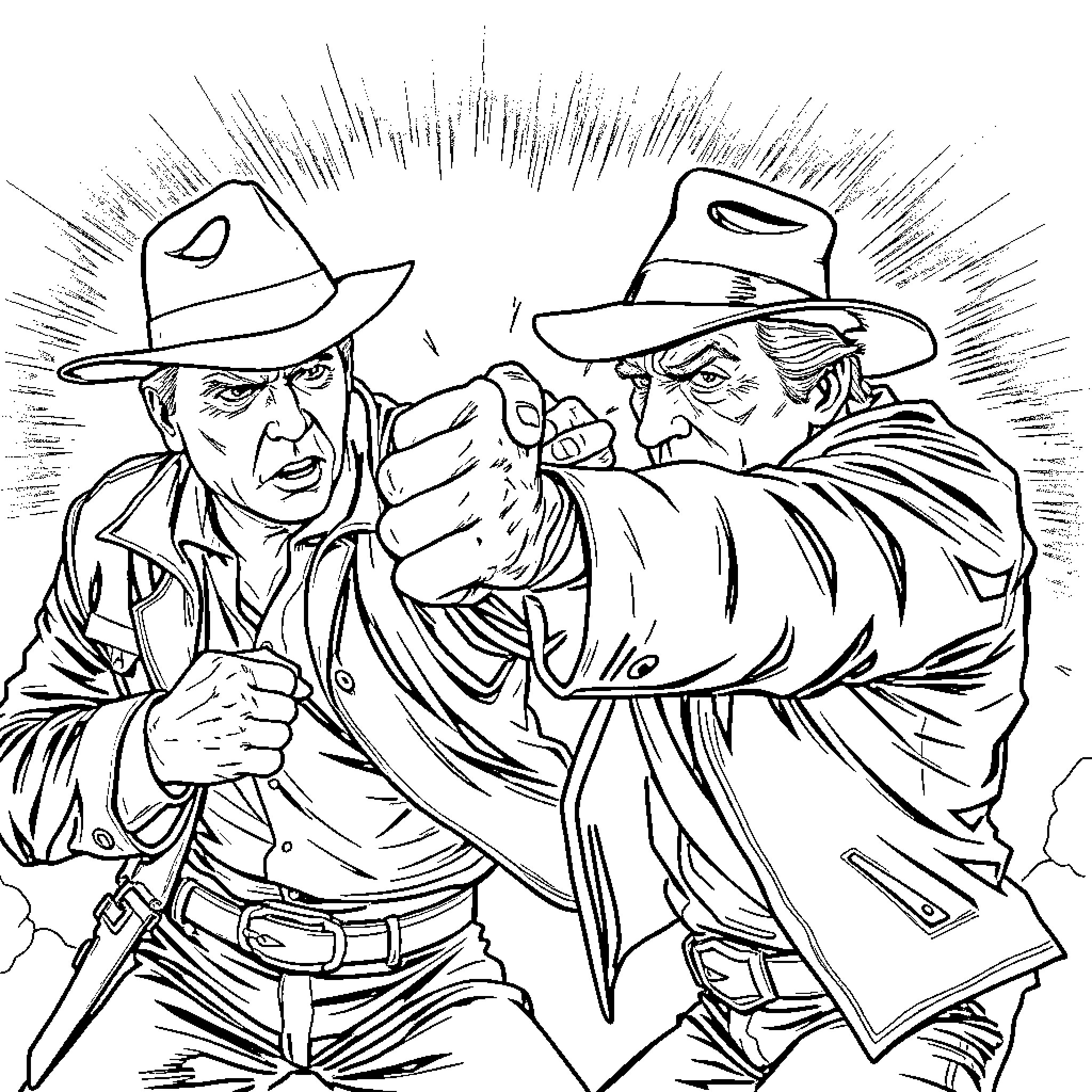 Indiana Jones in Intense Showdown with Adversary Coloring Page (free black-and-white line drawing printable PDF for all, from beginners to advanced learners, including children, teens, adults, and seniors)