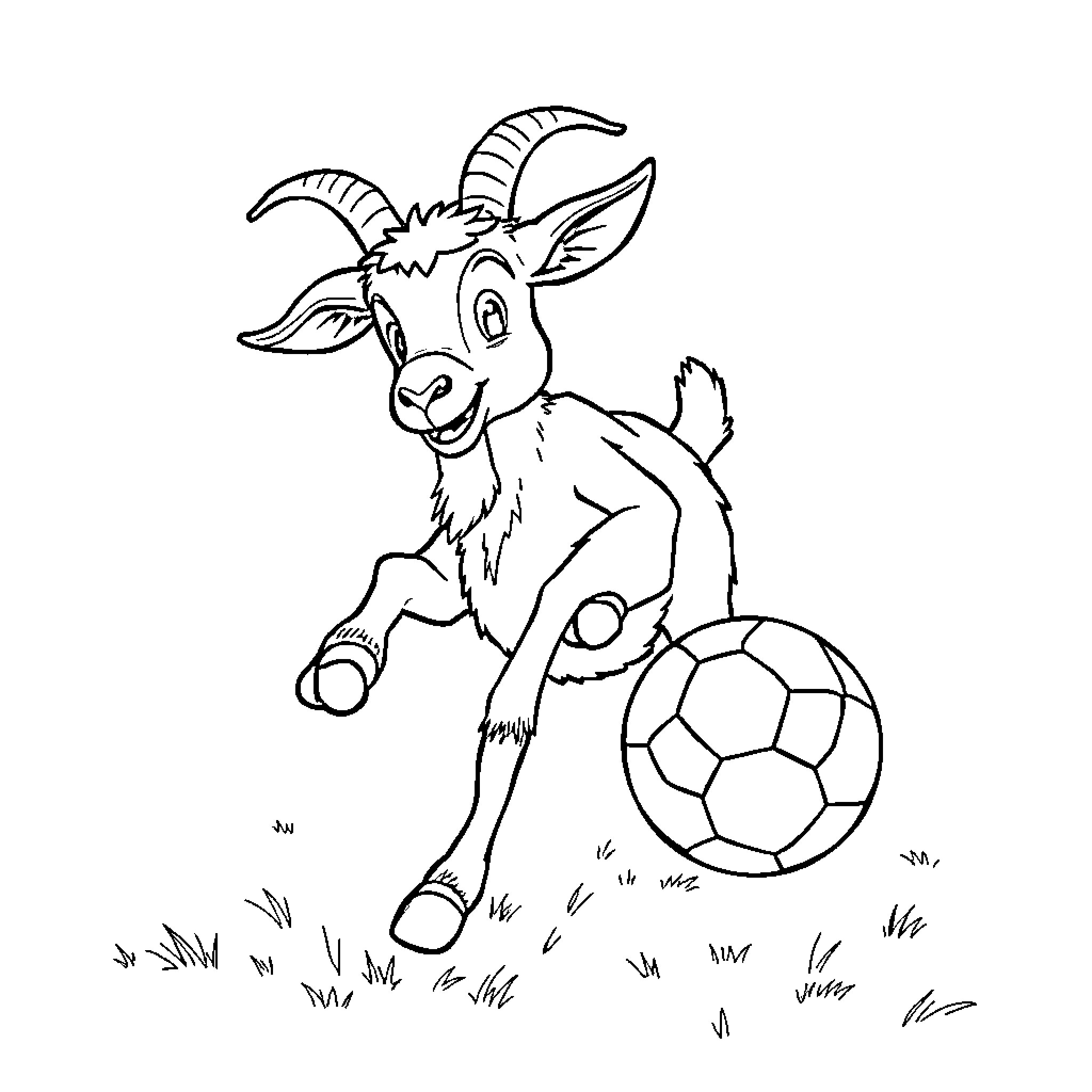 Goat playing with soccer ball on the grass Coloring Page (free black-and-white line drawing printable PDF for all, from beginners to advanced learners, including children, teens, adults, and seniors)
