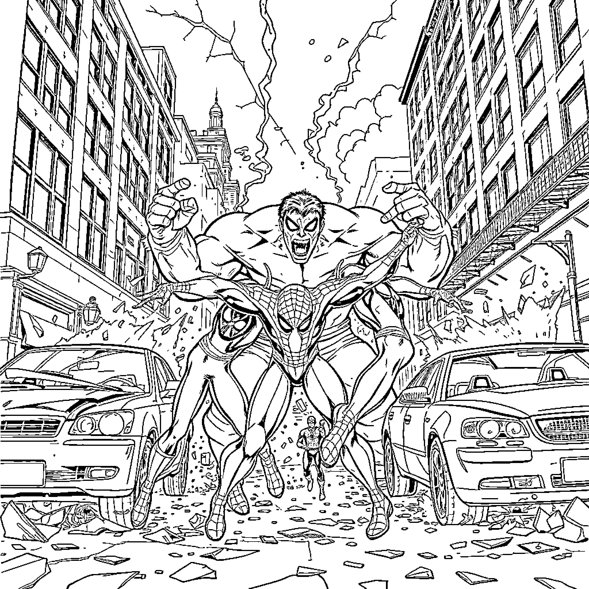 Spider-Superheroes Battling Villains in Chaotic City Coloring Page (free black-and-white line drawing printable PDF for all, from beginners to advanced learners, including children, teens, adults, and seniors)