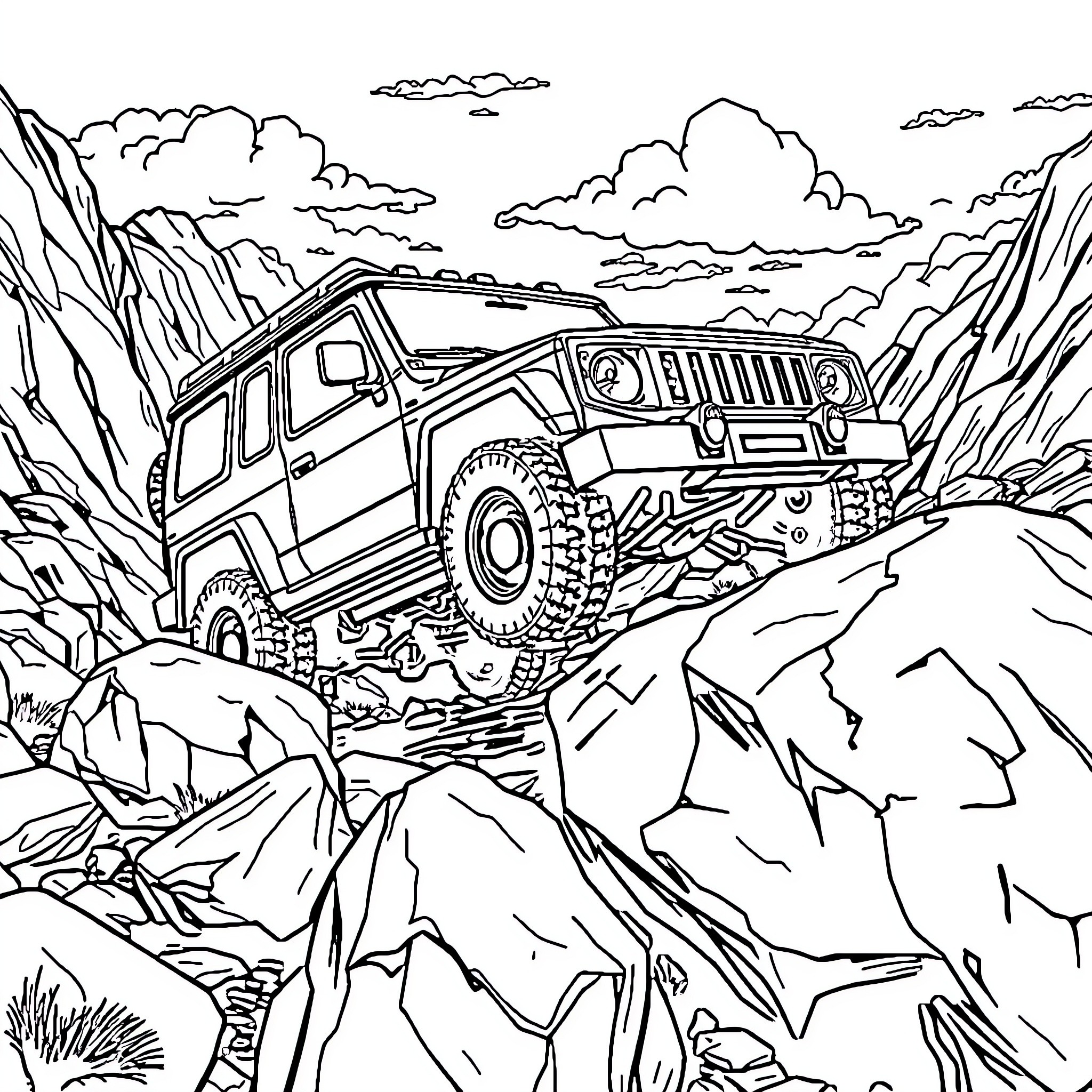 Samurai Warrior Navigates Rugged Terrain in Off-Road Vehicle Coloring Page (free black-and-white line drawing printable PDF for all, from beginners to advanced learners, including children, teens, adults, and seniors)