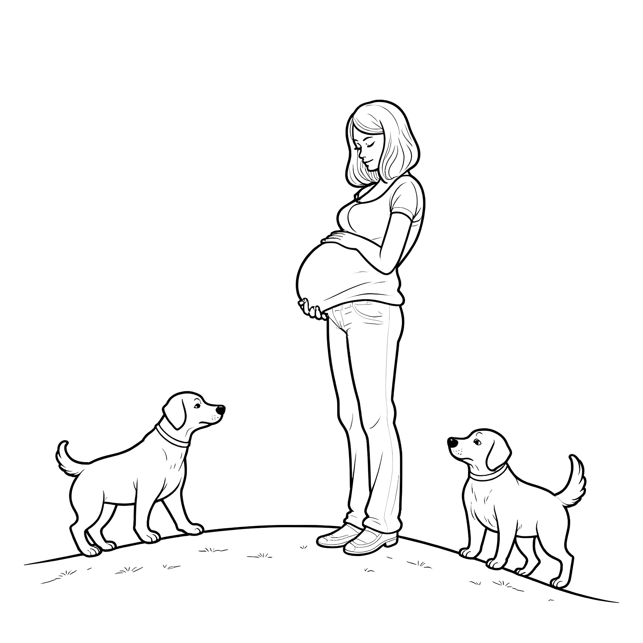 Pregnant Woman Enjoying Time with Pets Coloring Page (free black-and-white line drawing printable PDF for all, from beginners to advanced learners, including children, teens, adults, and seniors)