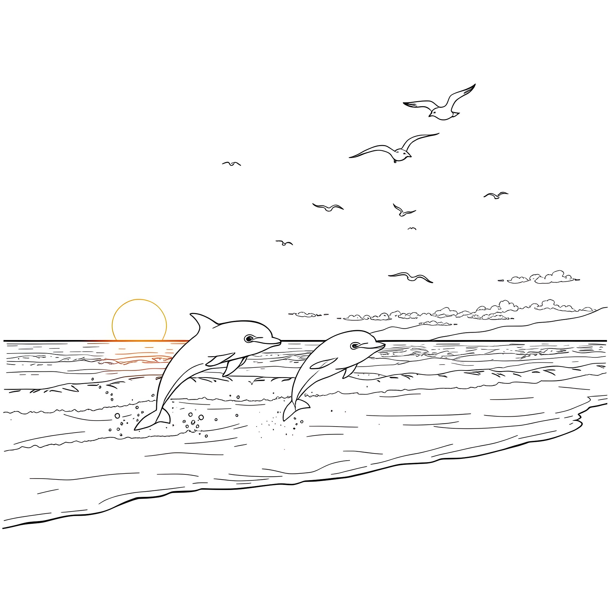 Dolphin duo leaping through waves at sunset Coloring Page (free black-and-white line drawing printable PDF for all, from beginners to advanced learners, including children, teens, adults, and seniors)