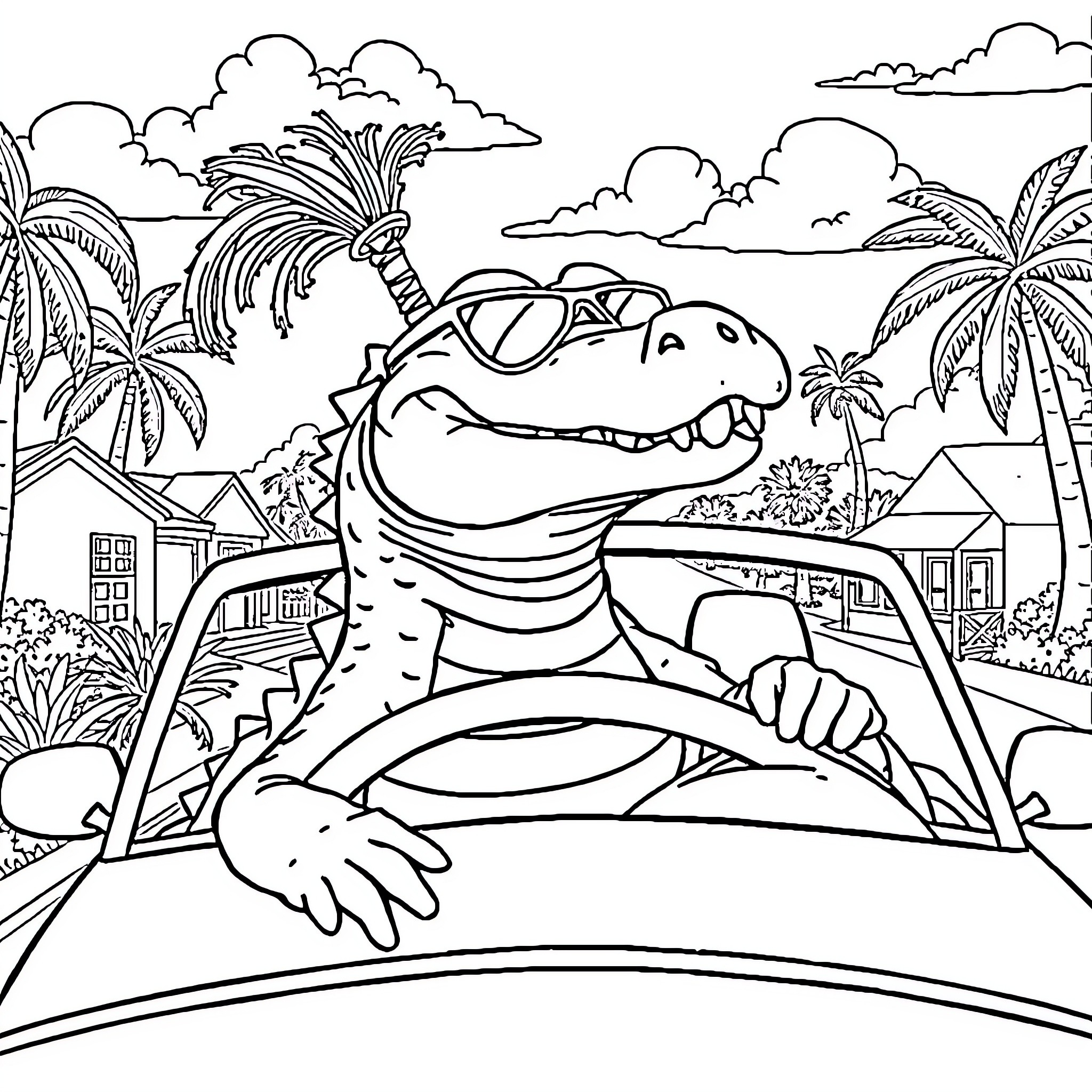 Alligator relaxing in a tropical paradise Coloring Page (free black-and-white line drawing printable PDF for all, from beginners to advanced learners, including children, teens, adults, and seniors)