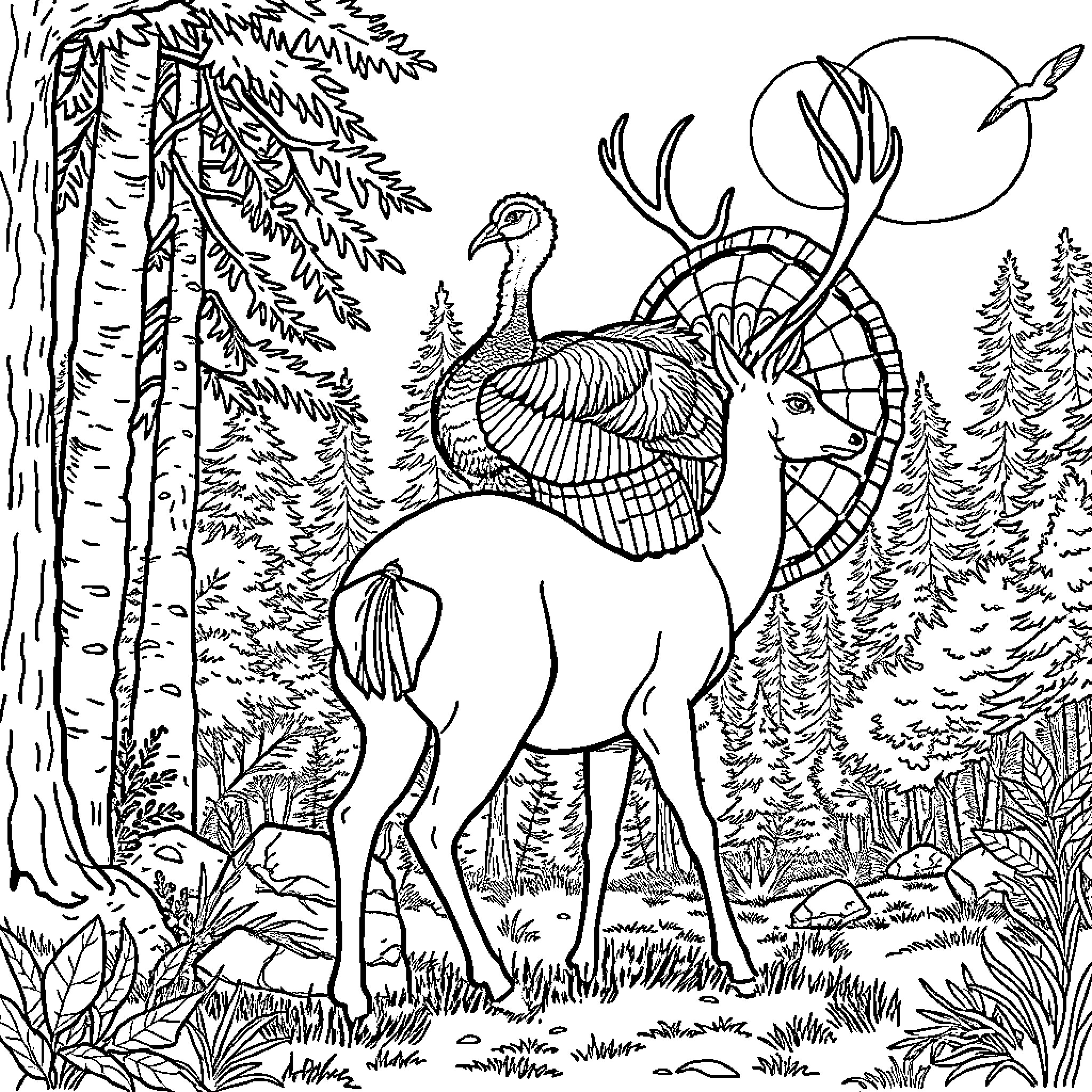 Turkey wandering in the enchanting forest landscape Coloring Page (free black-and-white line drawing printable PDF for all, from beginners to advanced learners, including children, teens, adults, and seniors)